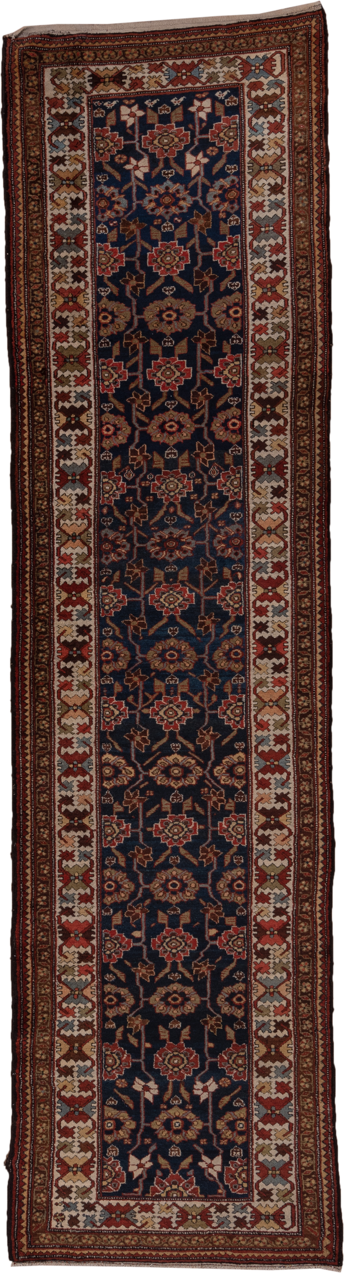 3' x 12' one-of-a-kind handmade antique Malayer runner rug. Color palette: navy, ivory, rust, camel, burgundy, taupe, brown