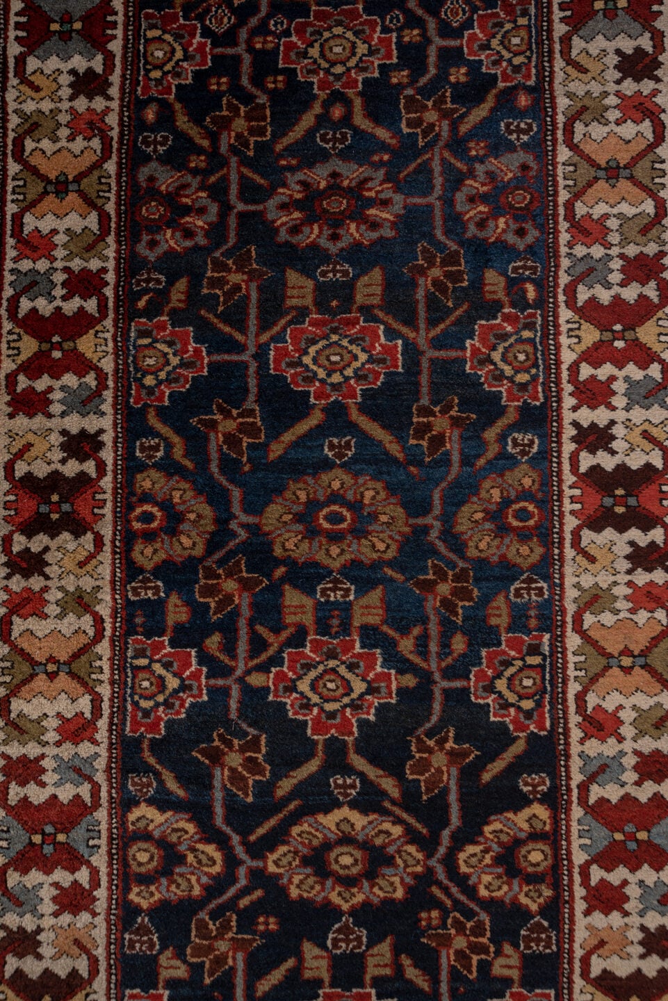 3' x 12' one-of-a-kind handmade antique Malayer runner rug. Color palette: navy, ivory, rust, camel, burgundy, taupe, brown