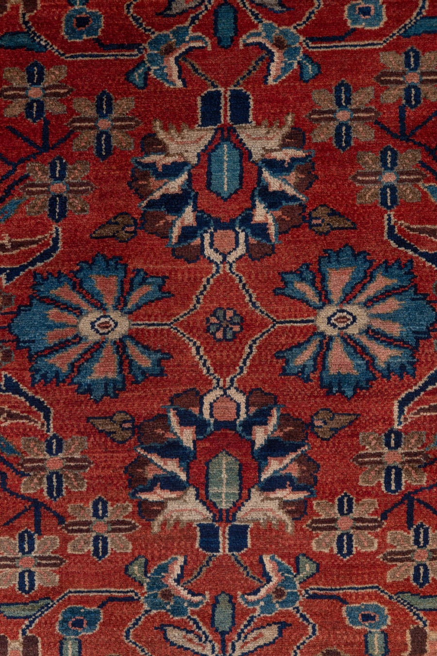 2' x 19' one-of-a-kind handmade antique Lilian runner rug. Color palette: rust, navy, ivory, camel, slate, terracotta, brown