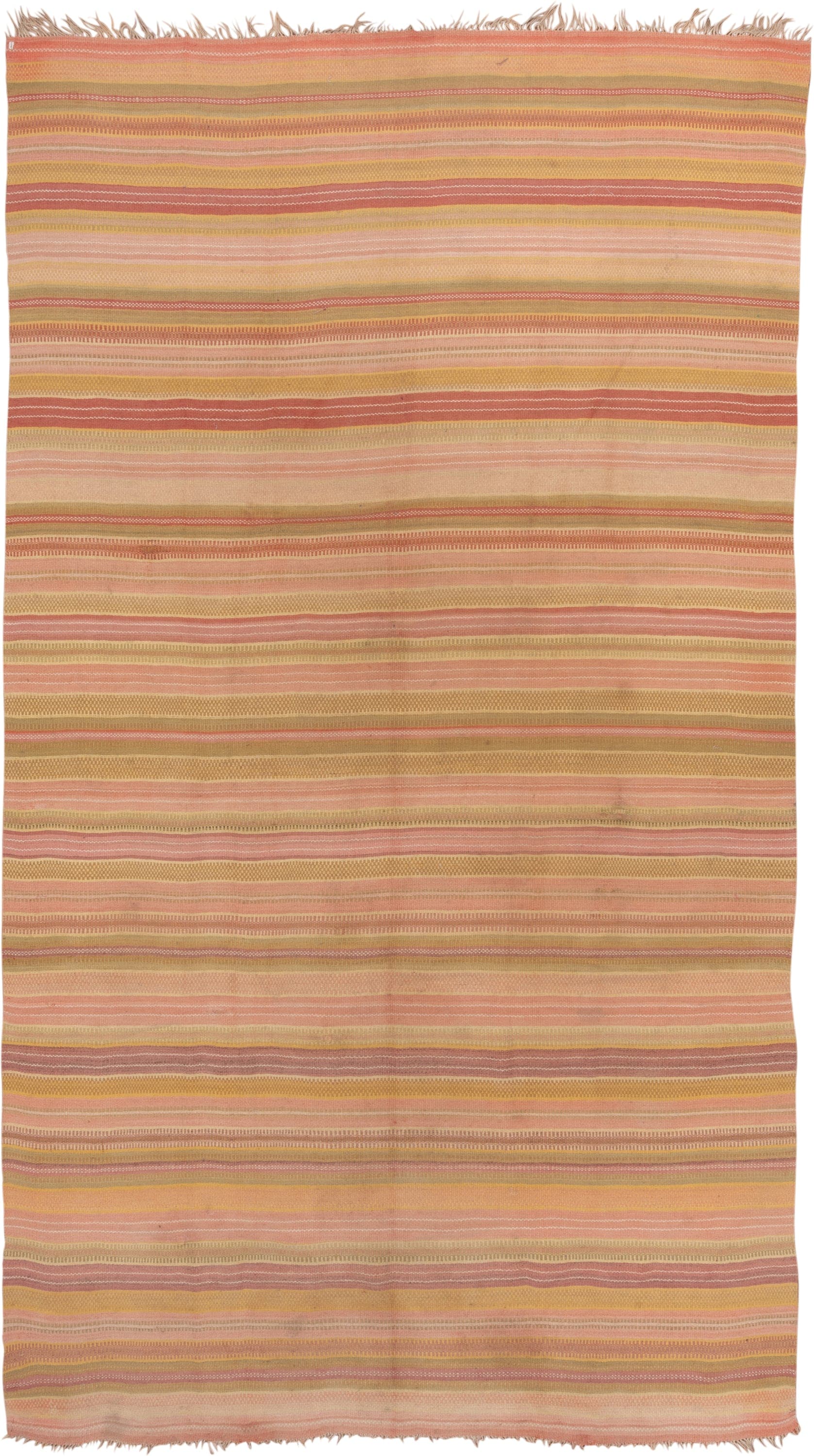 7' x 13' one-of-a-kind handmade antique Kilim large size rug. Color palette: blush, peach, sand, gold, rose, camel, ivory