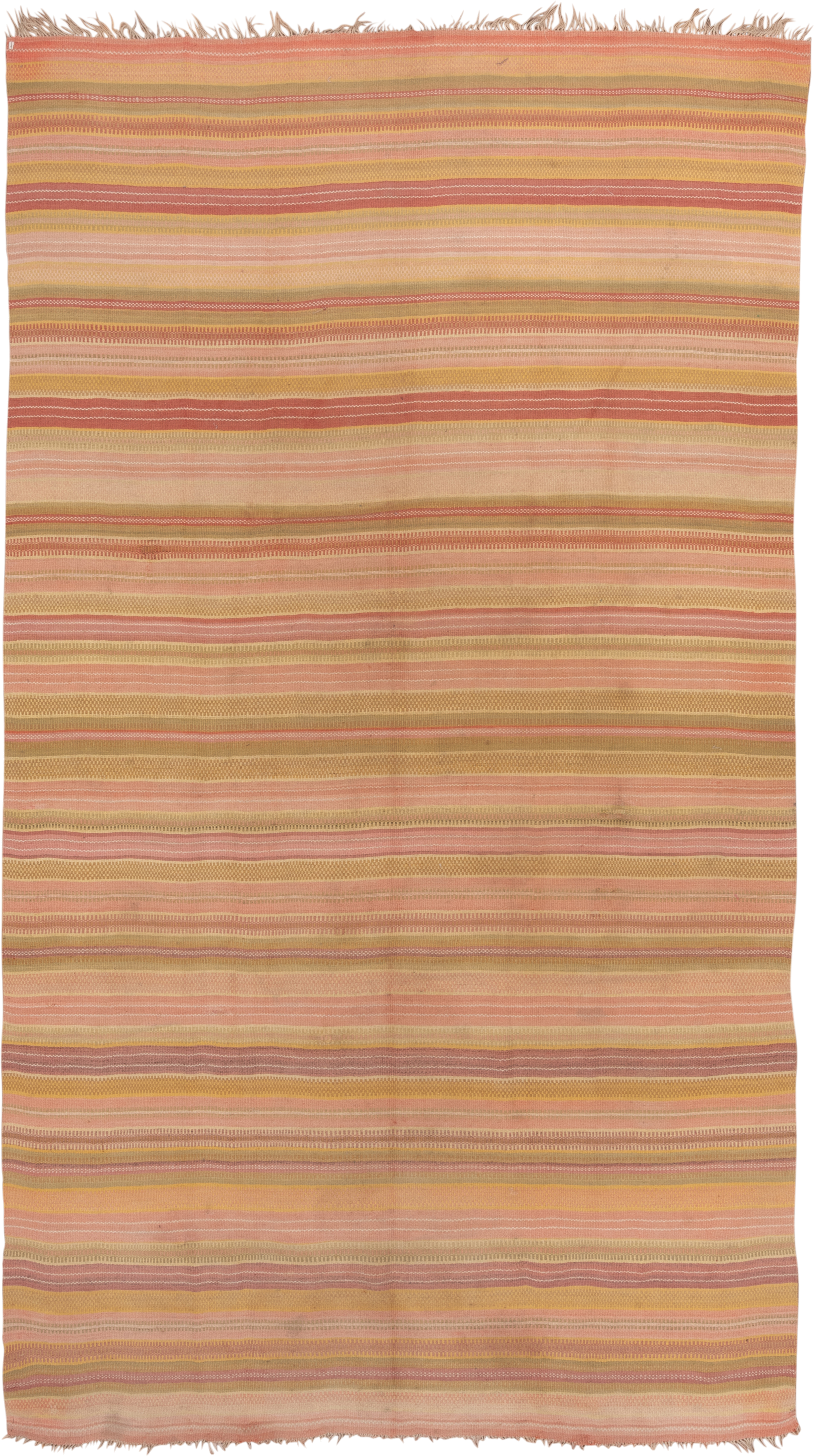 7' x 13' one-of-a-kind handmade antique Kilim large size rug. Color palette: blush, peach, sand, gold, rose, camel, ivory