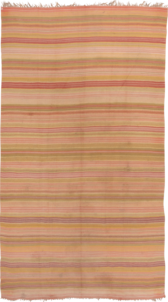 7' x 13' one-of-a-kind handmade vintage Kilim large size rug. Color palette: brown, burlywood, gray, light gray, off-white