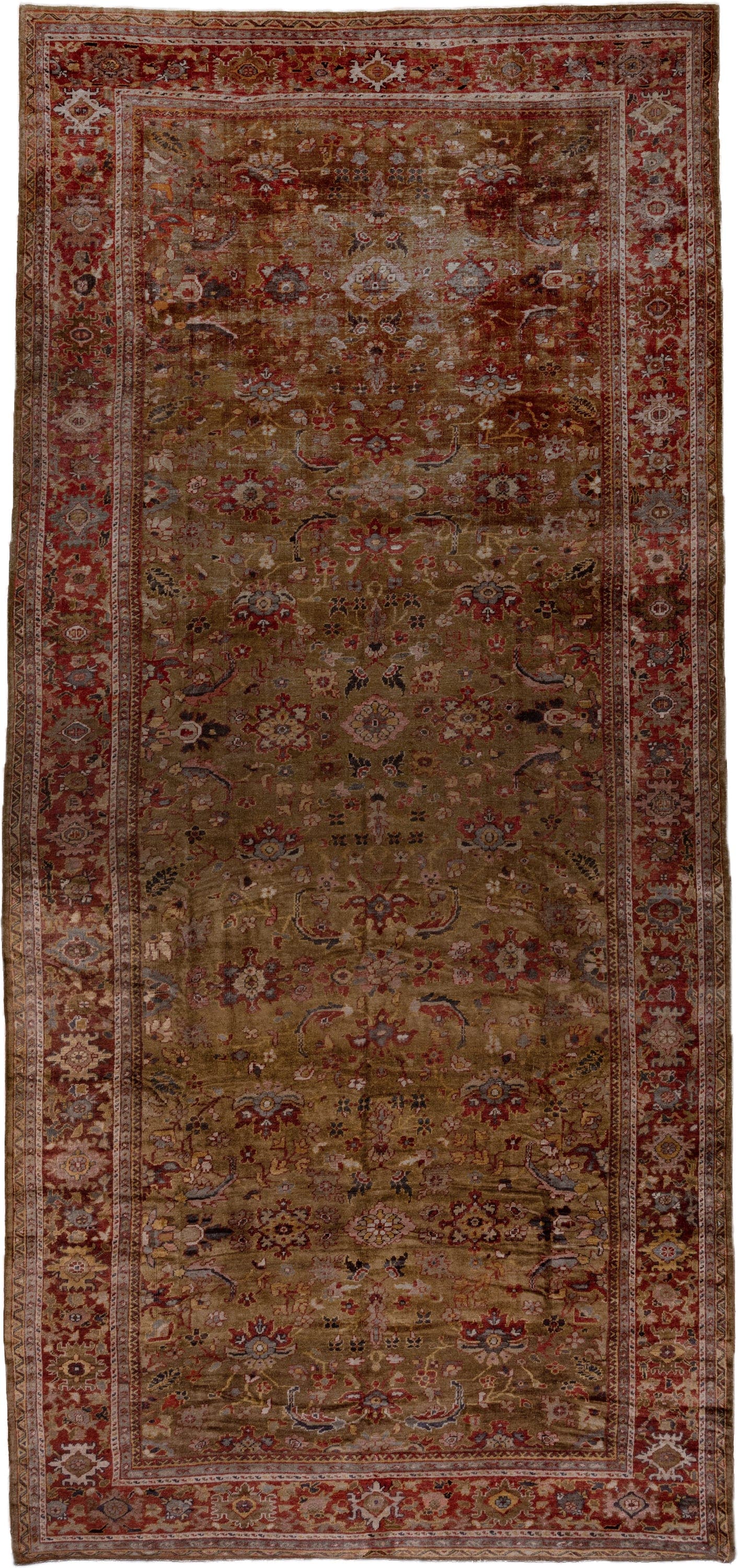 9' x 19' one-of-a-kind handmade antique Sultanabad rug. Color palette: camel, rust, taupe, ivory, burgundy, slate, rose