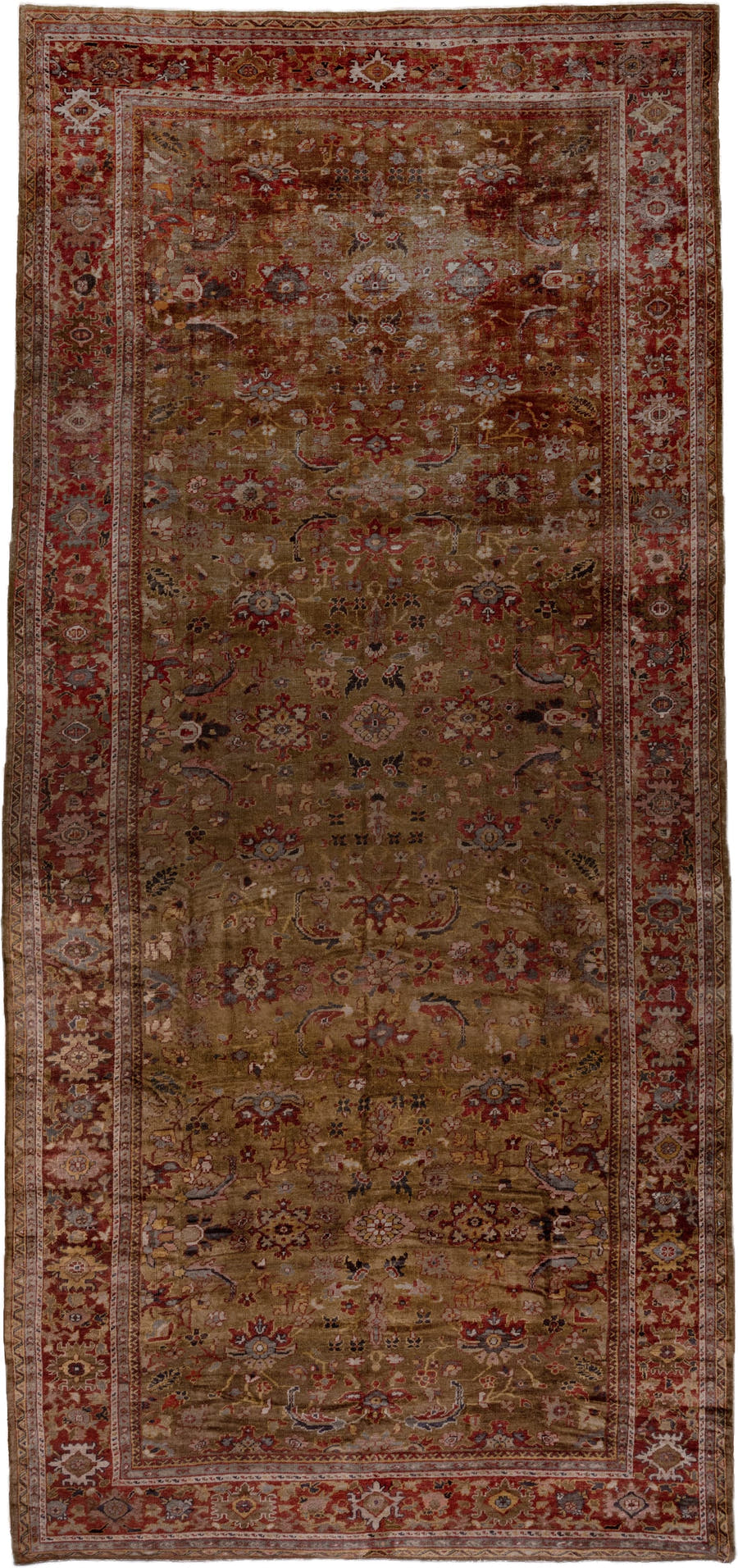 9' x 19' one-of-a-kind handmade antique Sultanabad rug. Color palette: camel, rust, taupe, ivory, burgundy, slate, rose