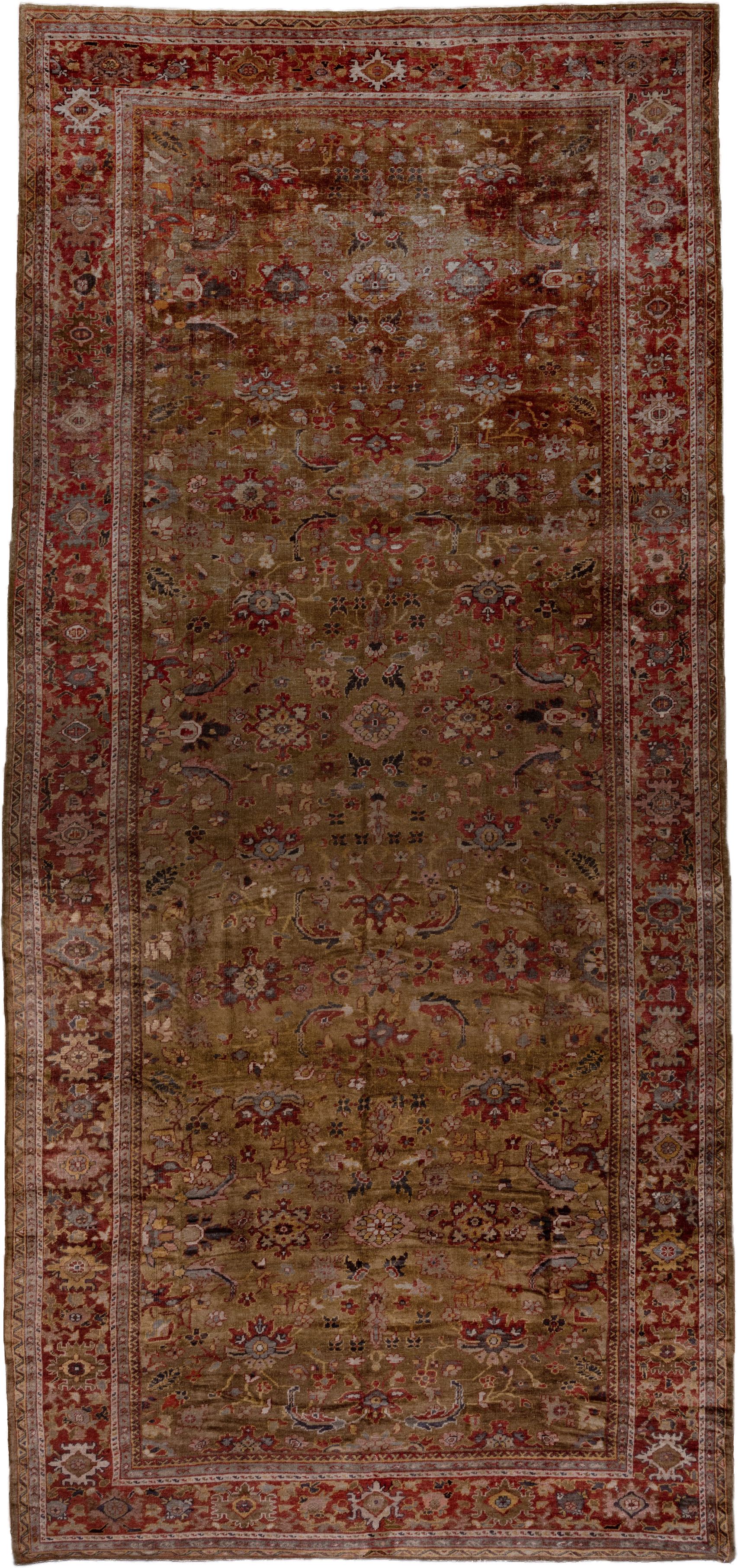 9' x 19' one-of-a-kind handmade antique Sultanabad rug. Color palette: camel, rust, taupe, ivory, burgundy, slate, rose