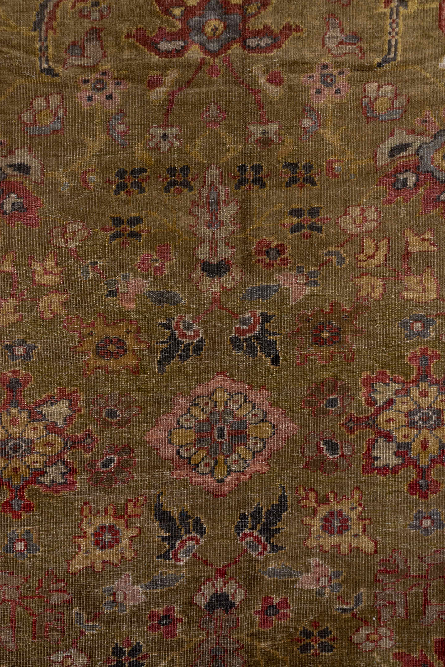 9' x 19' one-of-a-kind handmade antique Sultanabad rug. Color palette: camel, rust, taupe, ivory, burgundy, slate, rose