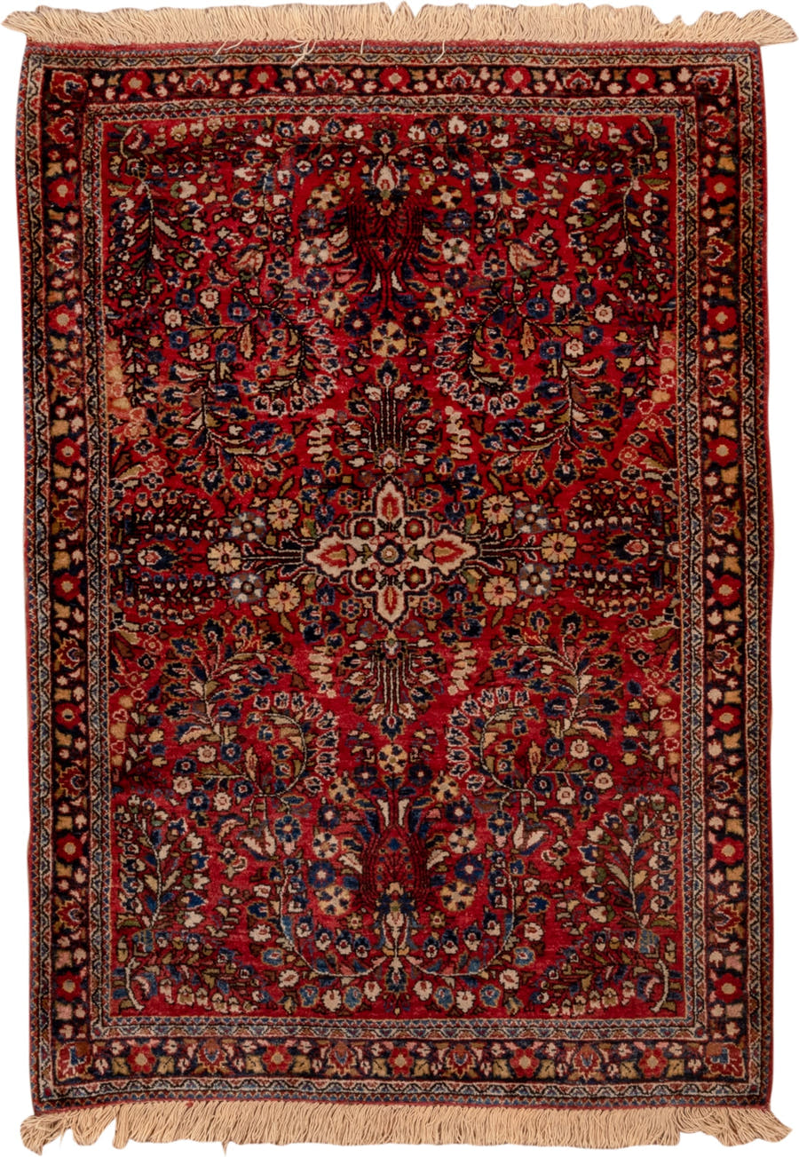 3' x 4' one-of-a-kind handmade vintage Sarouk small size rug. Color palette: red, navy, ivory, rust, camel, rose, charcoal