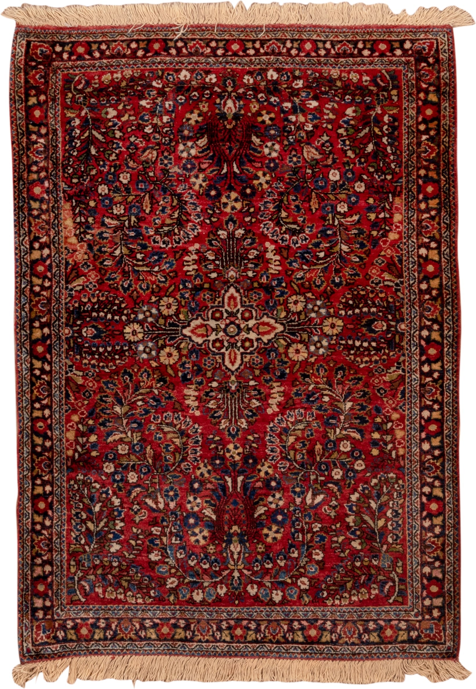 3' x 4' one-of-a-kind handmade vintage Sarouk small size rug. Color palette: red, navy, ivory, rust, camel, rose, charcoal