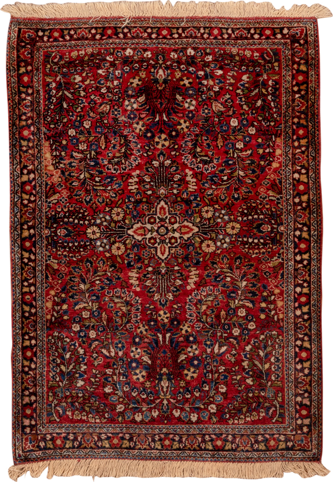 3' x 4' one-of-a-kind handmade vintage Sarouk small size rug. Color palette: red, navy, ivory, rust, camel, rose, charcoal