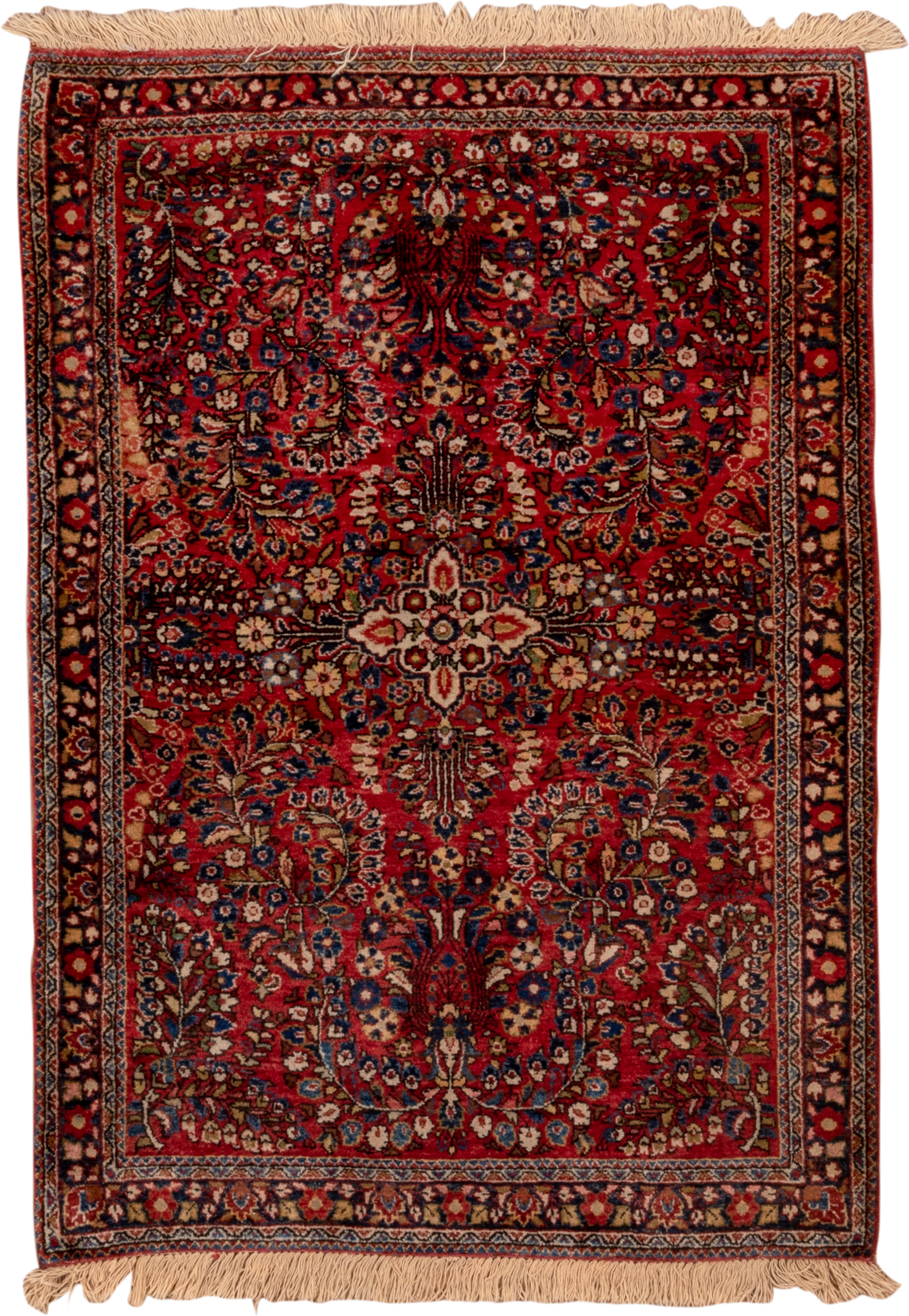 3' x 4' one-of-a-kind handmade vintage Sarouk small size rug. Color palette: red, navy, ivory, rust, camel, rose, charcoal
