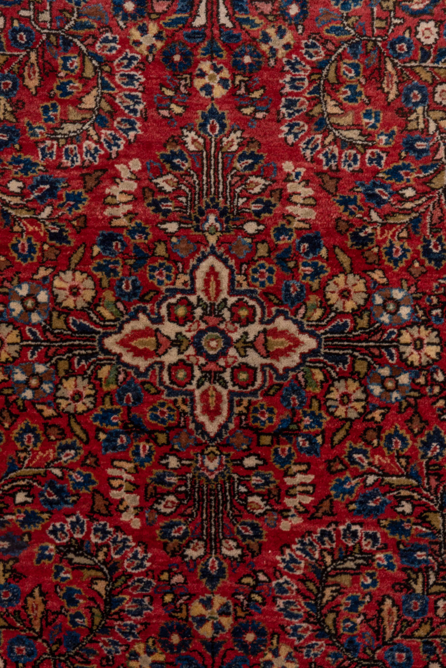 3' x 4' one-of-a-kind handmade vintage Sarouk small size rug. Color palette: red, navy, ivory, rust, camel, rose, charcoal