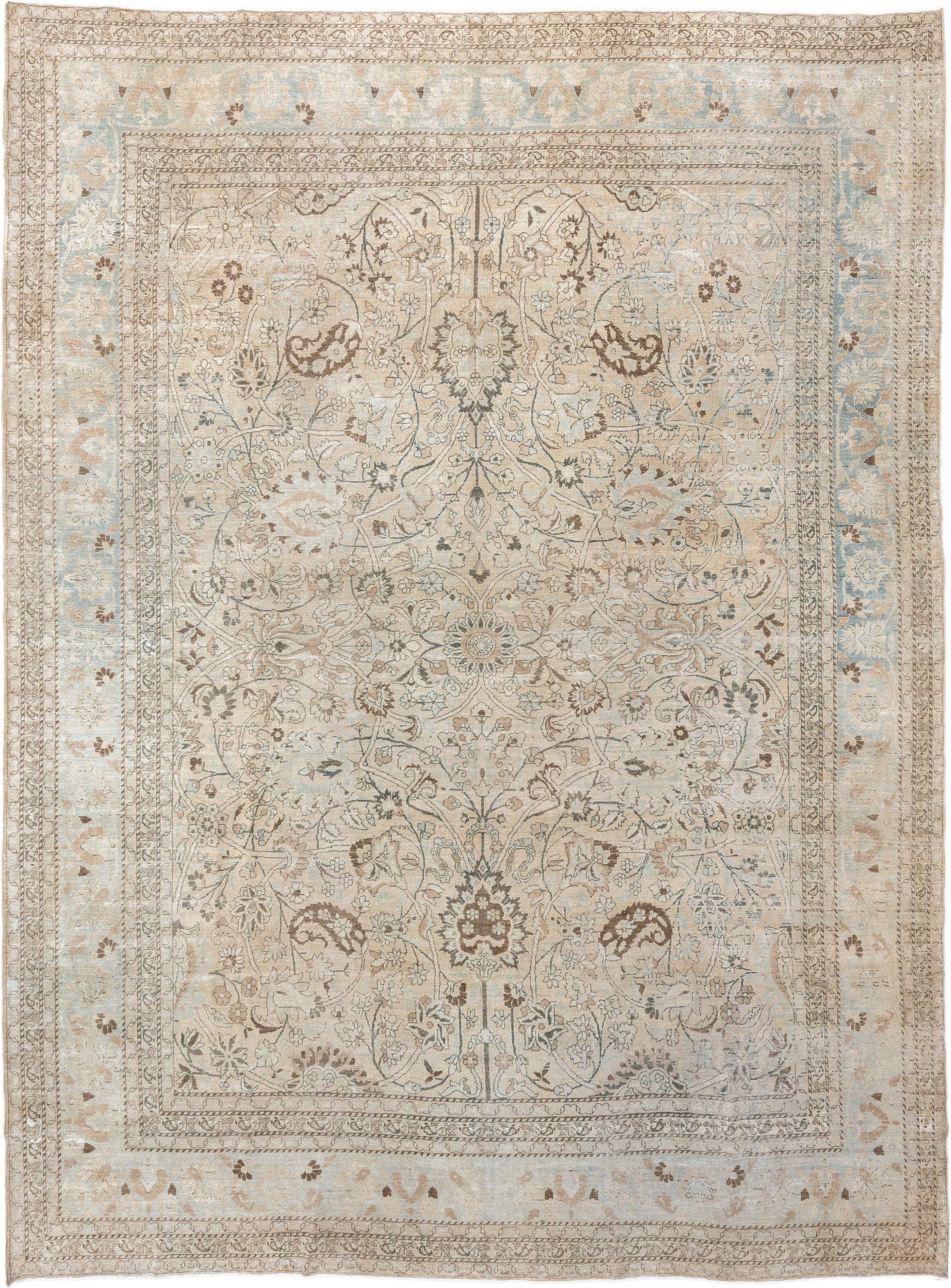10' x 13' one-of-a-kind handmade antique Meshed large size rug. Color palette: ivory, pale blue, taupe, camel, brown, sage
