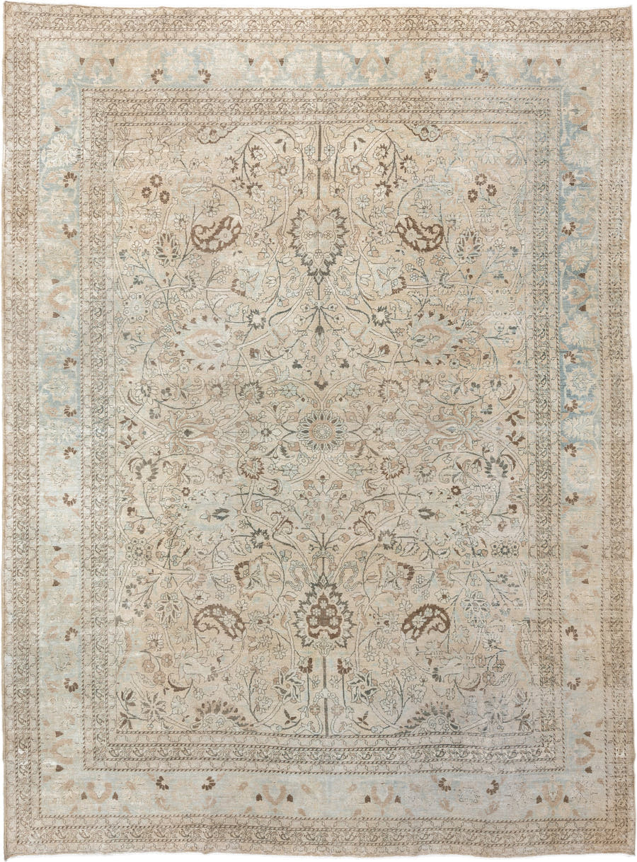 10' x 13' one-of-a-kind handmade antique Meshed large size rug. Color palette: ivory, pale blue, taupe, camel, brown, sage