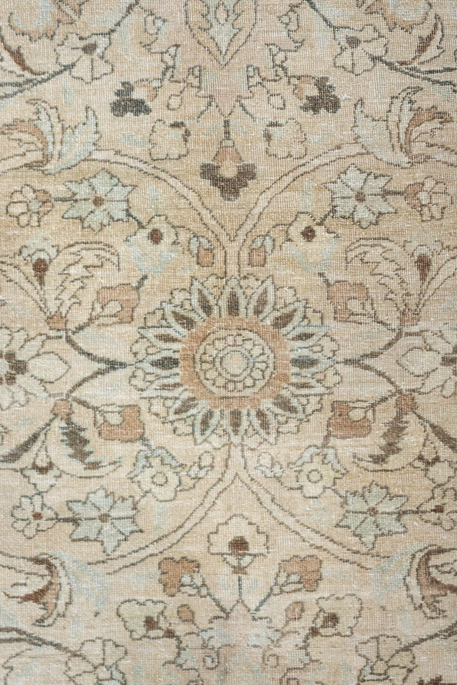10' x 13' one-of-a-kind handmade antique Meshed large size rug. Color palette: ivory, pale blue, taupe, camel, brown, sage
