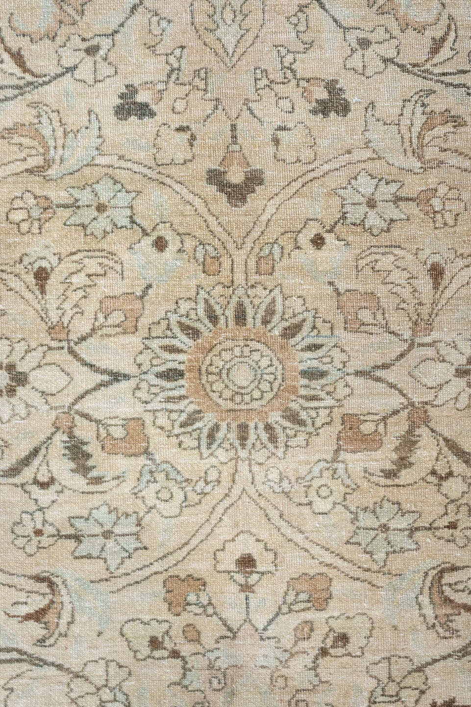 10' x 13' one-of-a-kind handmade antique Meshed large size rug. Color palette: ivory, pale blue, taupe, camel, brown, sage
