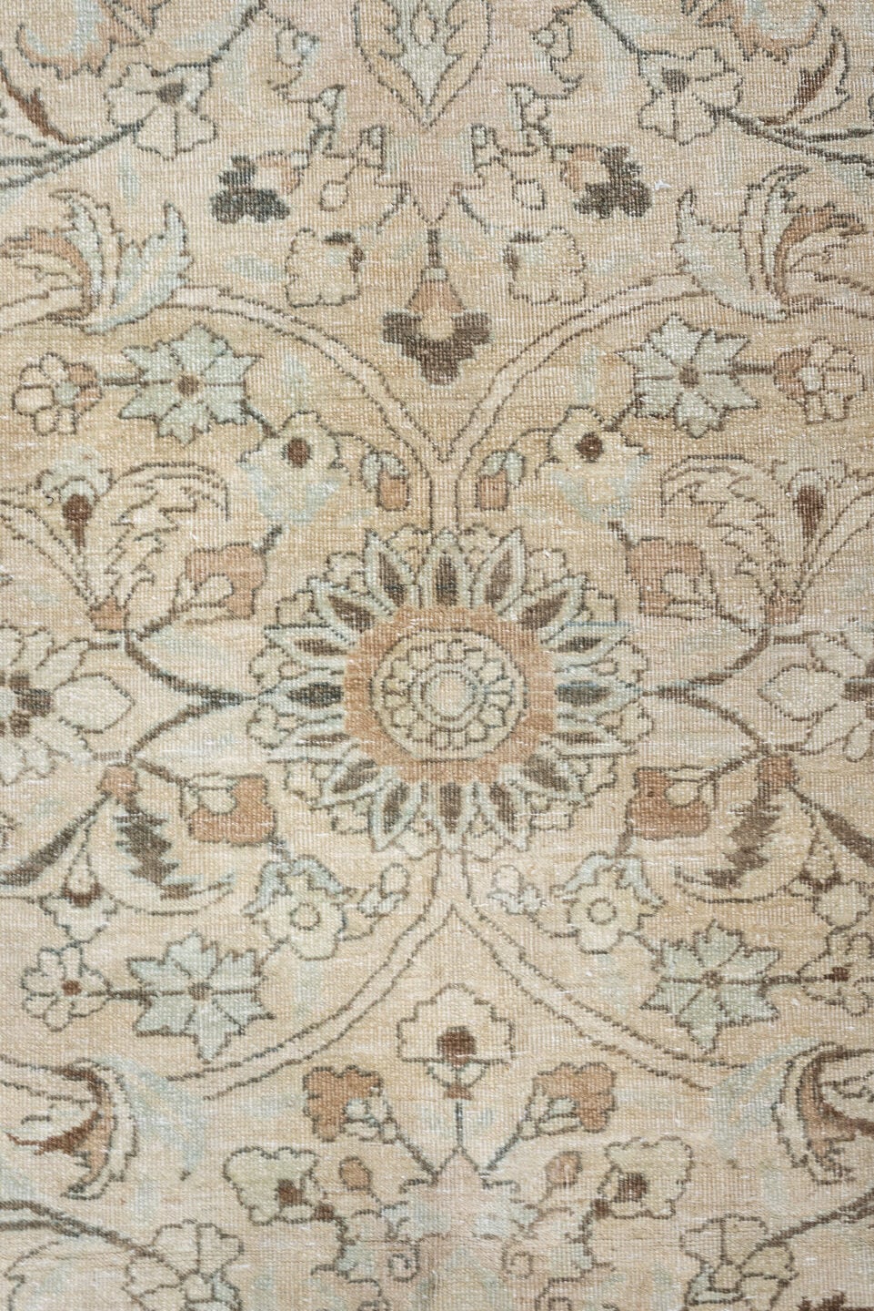 10' x 13' one-of-a-kind handmade antique Meshed large size rug. Color palette: ivory, pale blue, taupe, camel, brown, sage