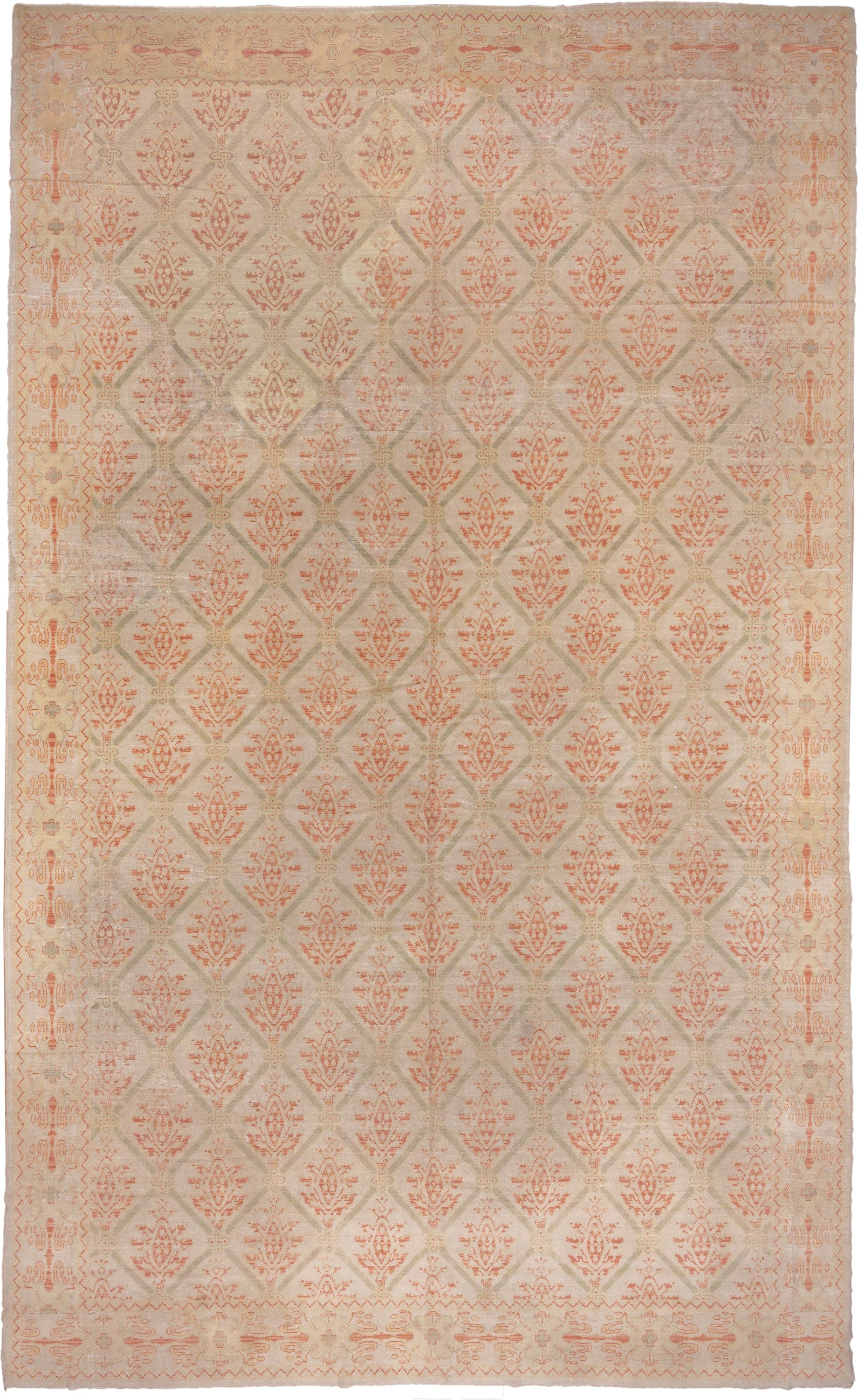 10' x 17' one-of-a-kind handmade antique Spanish rug. Color palette: ivory, coral, sage, cream, blush, taupe, terracotta