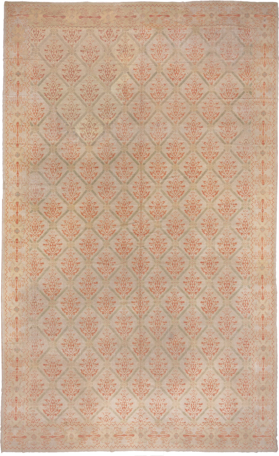 10' x 17' one-of-a-kind handmade antique Spanish rug. Color palette: ivory, coral, sage, cream, blush, taupe, terracotta
