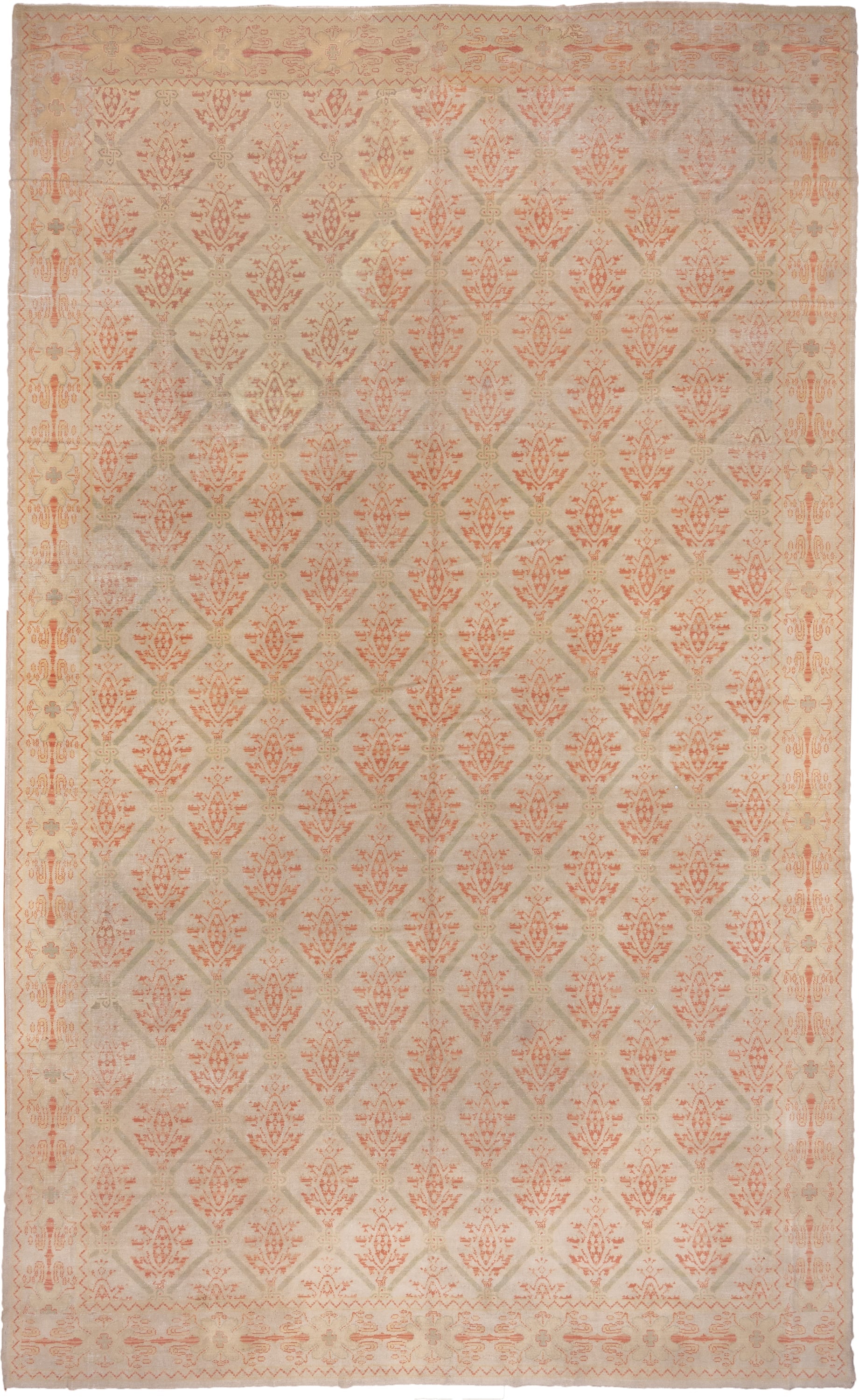 10' x 17' one-of-a-kind handmade antique Spanish rug. Color palette: ivory, coral, sage, cream, blush, taupe, terracotta