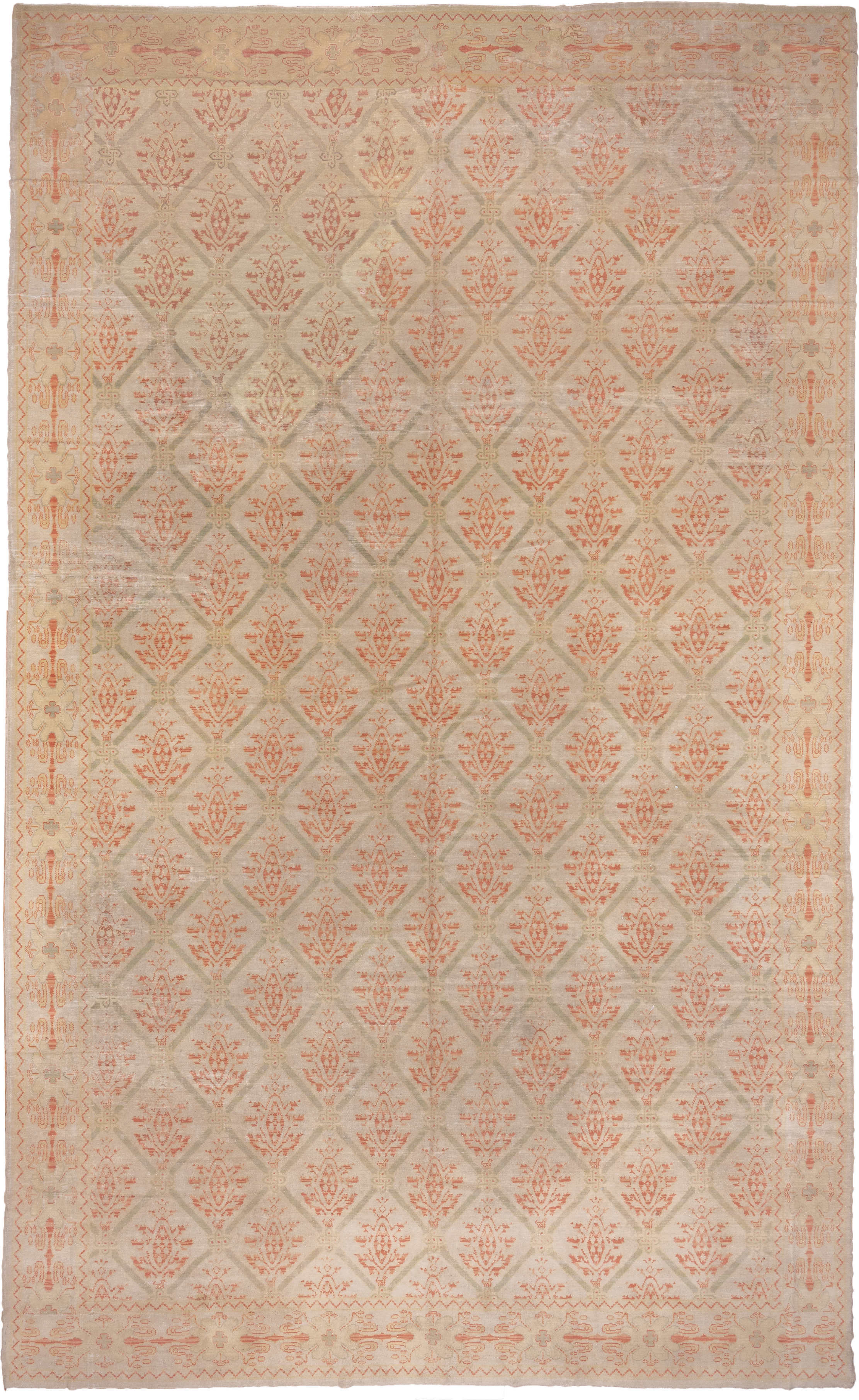 10' x 17' one-of-a-kind handmade antique Spanish rug. Color palette: ivory, coral, sage, cream, blush, taupe, terracotta