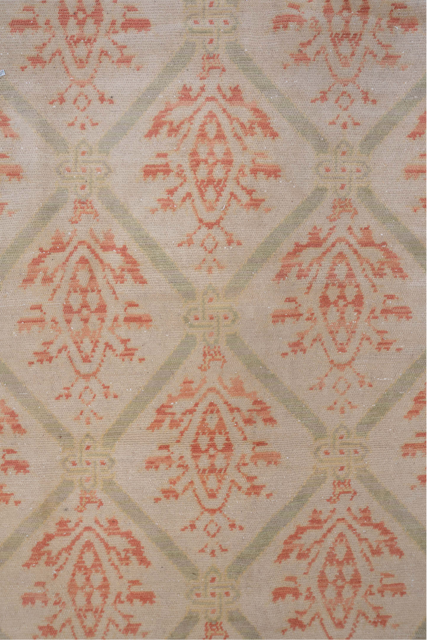 10' x 17' one-of-a-kind handmade vintage Spanish rug. Color palette: brown, gray, light gray, off-white, orange, pink