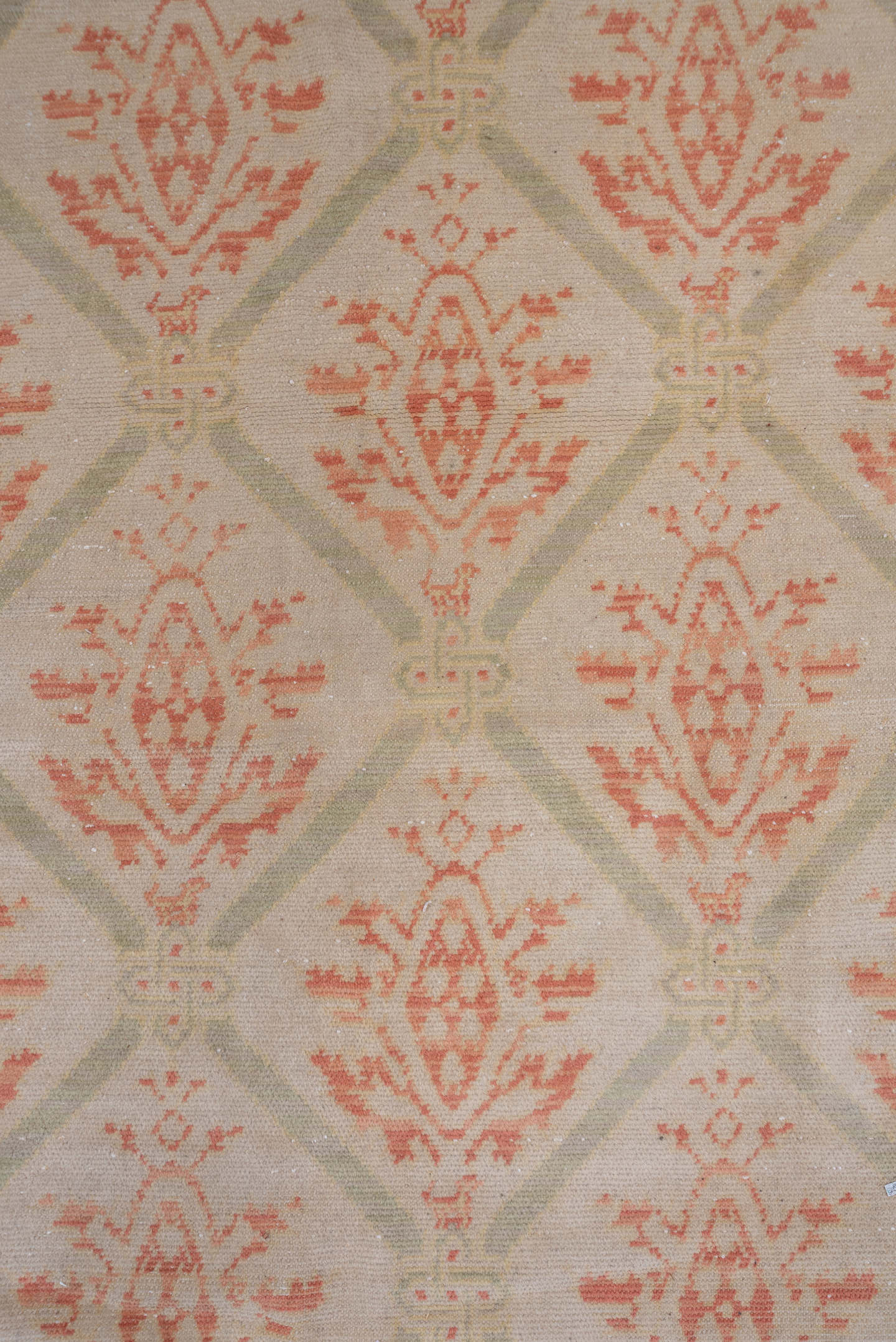 10' x 17' one-of-a-kind handmade antique Spanish rug. Color palette: ivory, coral, sage, cream, blush, taupe, terracotta