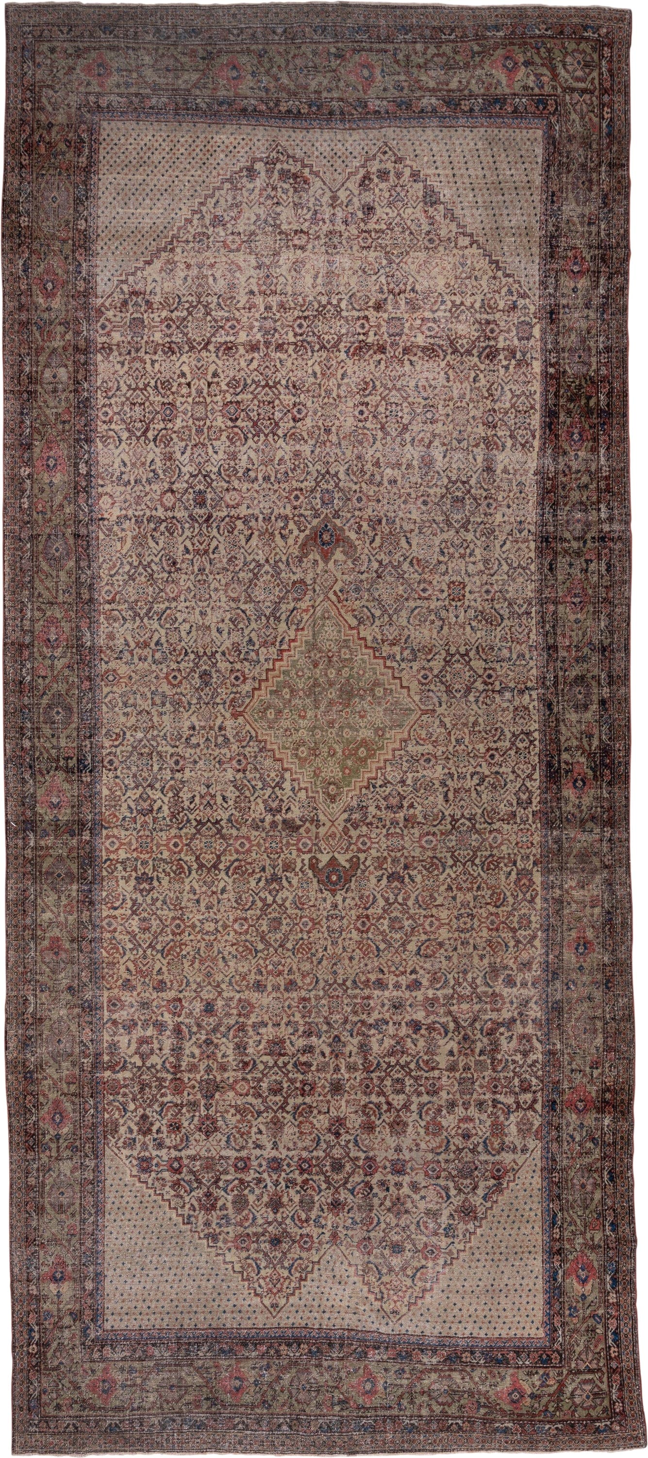 8' x 19' one-of-a-kind handmade antique Farahan rug. Color palette: ivory, taupe, rose, slate, rust, sage, burgundy, beige