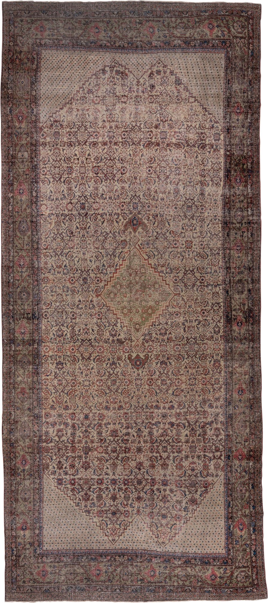 8' x 19' one-of-a-kind handmade antique Farahan rug. Color palette: ivory, taupe, rose, slate, rust, sage, burgundy, beige