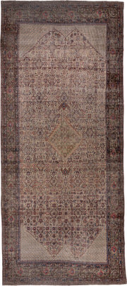 8' x 19' one-of-a-kind handmade antique Farahan rug. Color palette: ivory, taupe, rose, slate, rust, sage, burgundy, beige