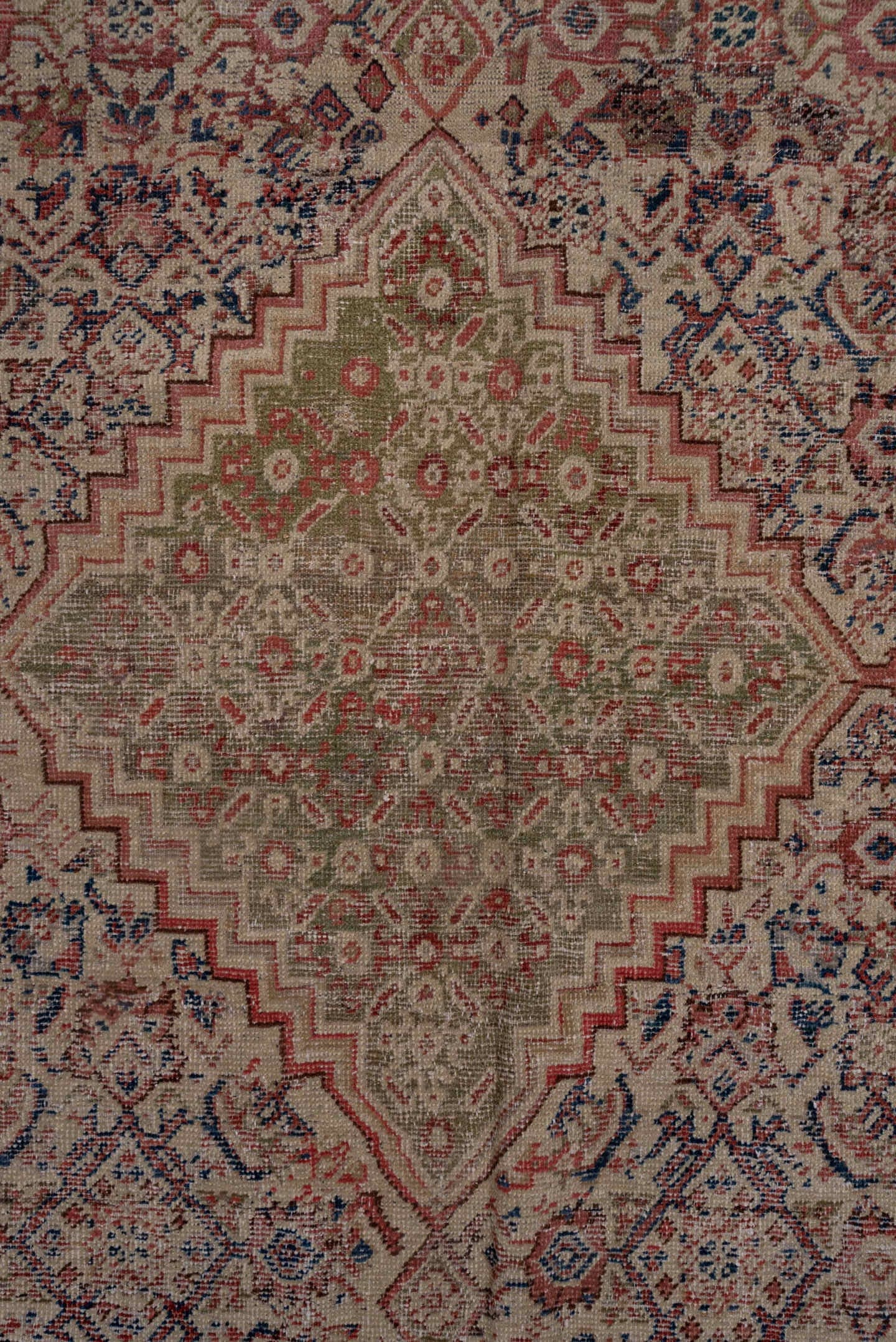 8' x 19' one-of-a-kind handmade antique Farahan rug. Color palette: ivory, taupe, rose, slate, rust, sage, burgundy, beige