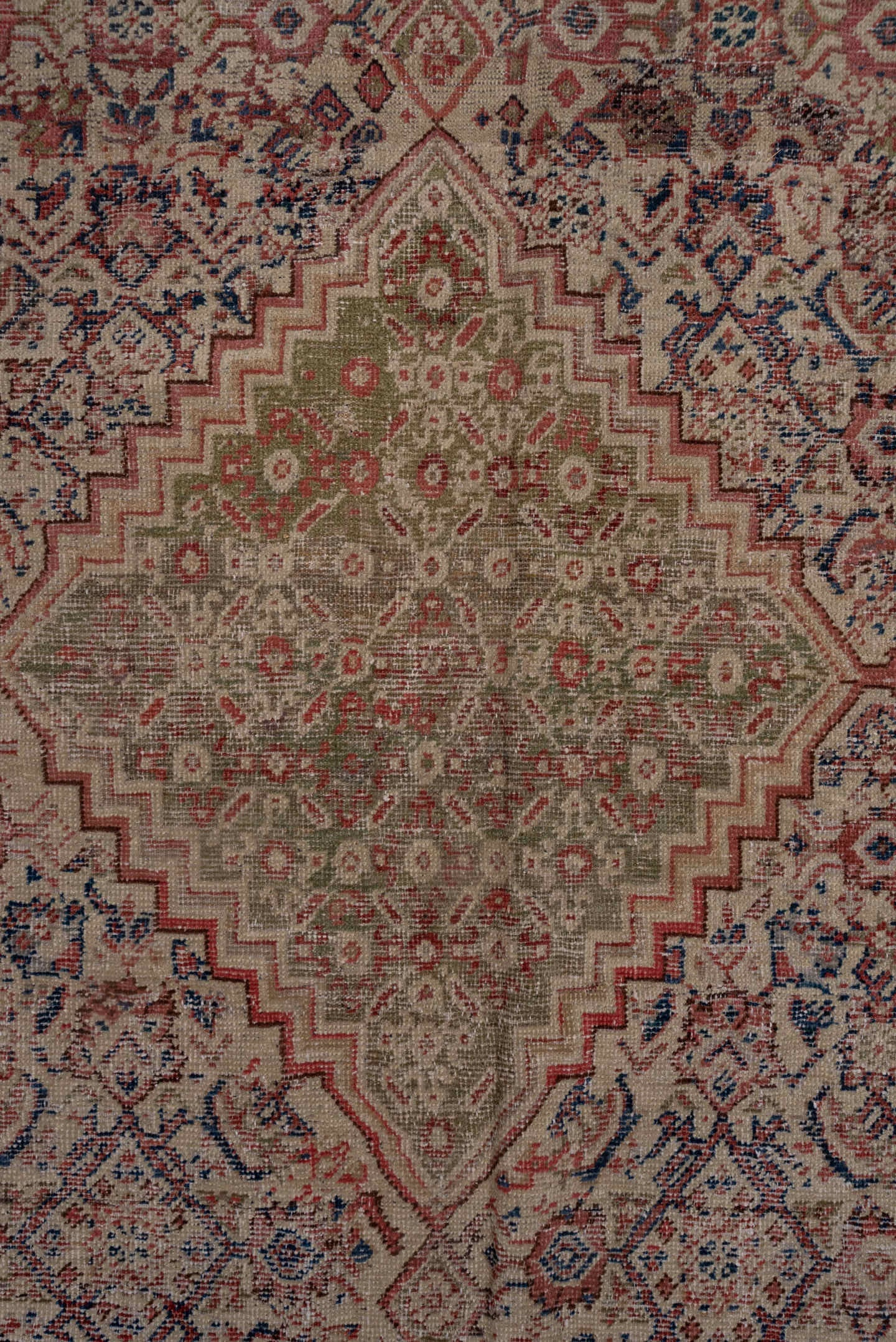 8' x 19' one-of-a-kind handmade antique Farahan rug. Color palette: ivory, taupe, rose, slate, rust, sage, burgundy, beige