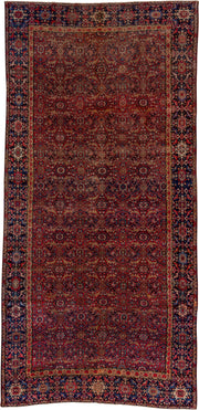7' x 14' one-of-a-kind handmade antique Farahan large size rug. Color palette: rust, navy, ivory, crimson, camel, indigo