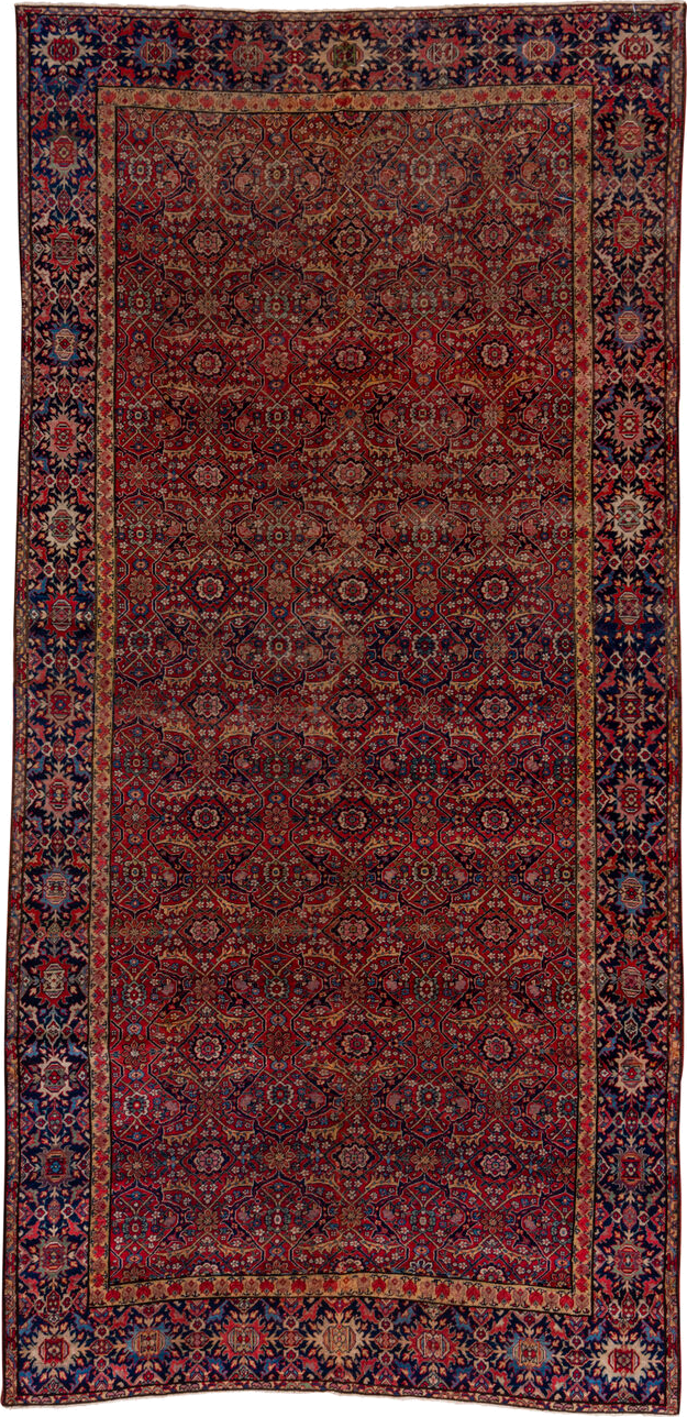 7' x 14' one-of-a-kind handmade antique Farahan large size rug. Color palette: rust, navy, ivory, crimson, camel, indigo