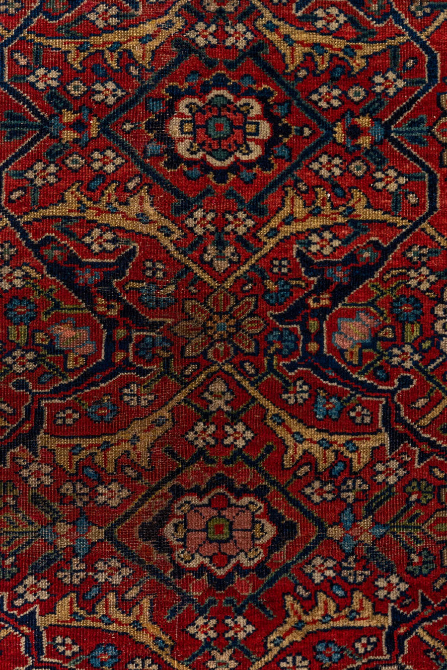 7' x 14' one-of-a-kind handmade antique Farahan large size rug. Color palette: rust, navy, ivory, crimson, camel, indigo