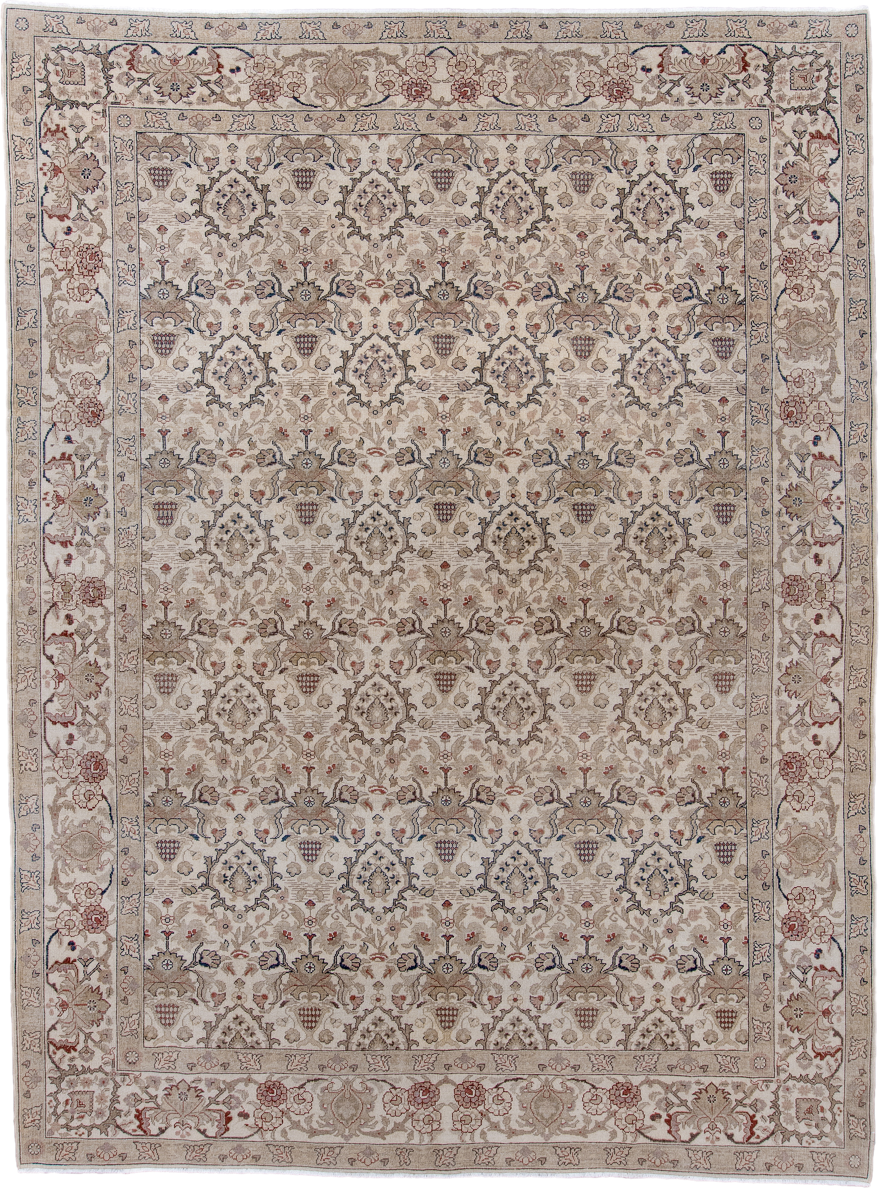 8' x 11' one-of-a-kind handmade antique Sivas large size rug. Color palette: ivory, taupe, beige, rose, slate, camel, rust