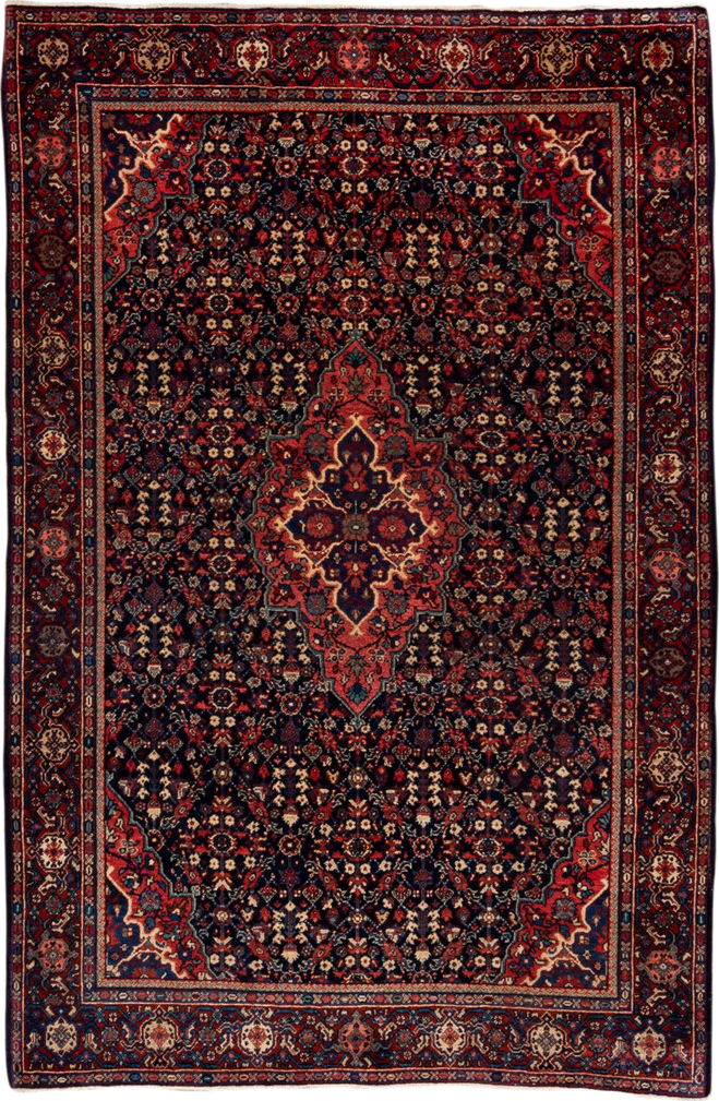 4' x 6' one-of-a-kind handmade vintage Meighan small size rug. Color palette: black, brown, gray, off-white, orange, pink