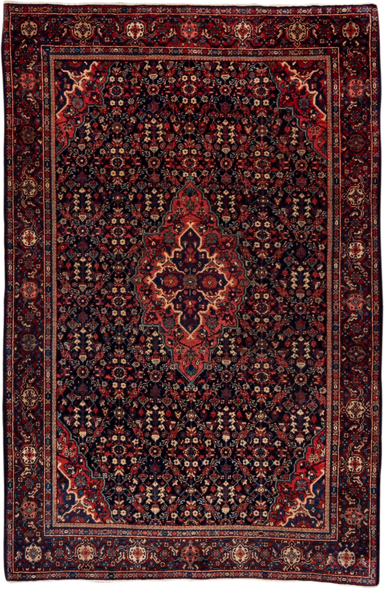 4' x 6' one-of-a-kind handmade antique Meighan small size rug. Color palette: navy, rust, ivory, crimson, slate, coral, blue