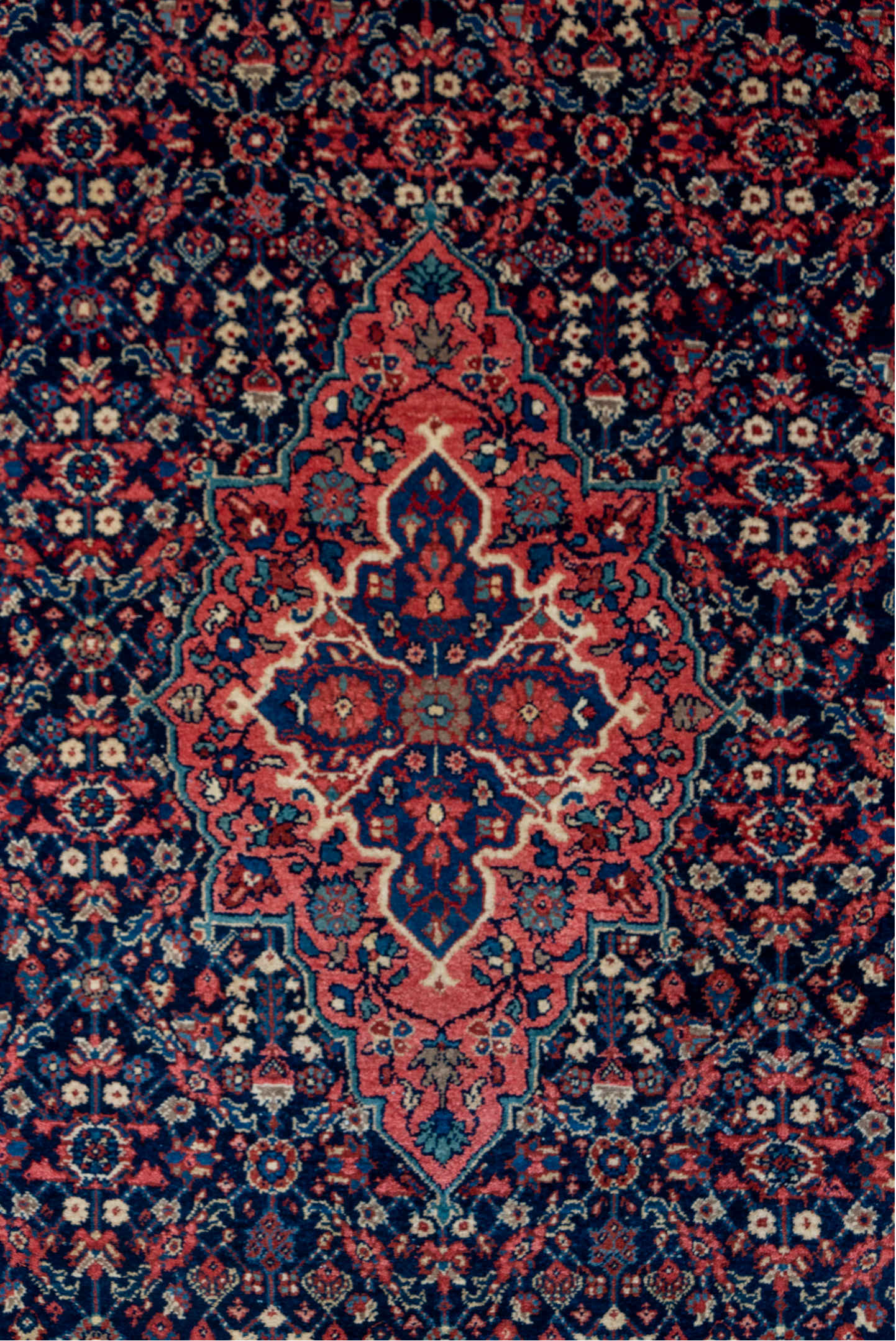 4' x 6' one-of-a-kind handmade vintage Meighan small size rug. Color palette: black, brown, gray, off-white, orange, pink