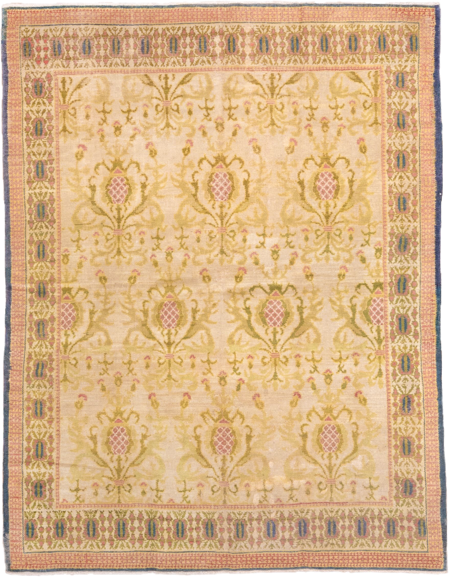 5' x 7' one-of-a-kind handmade antique Spanish rug. Color palette: ivory, olive, rose, gold, navy, sage, green, pink, red
