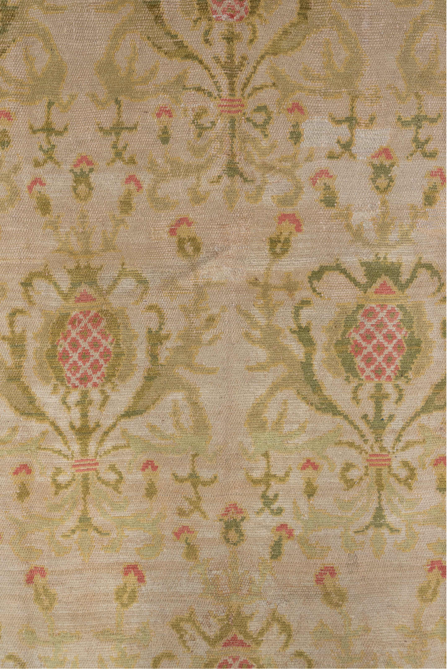 5' x 7' one-of-a-kind handmade vintage Spanish rug. Color palette: brown, gray, navajo white, off-white, orange, peach puff