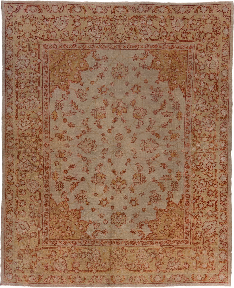 9' x 11' one-of-a-kind handmade antique Oushak large size rug. Color palette: ivory, beige, sand, terra cotta, rust, camel