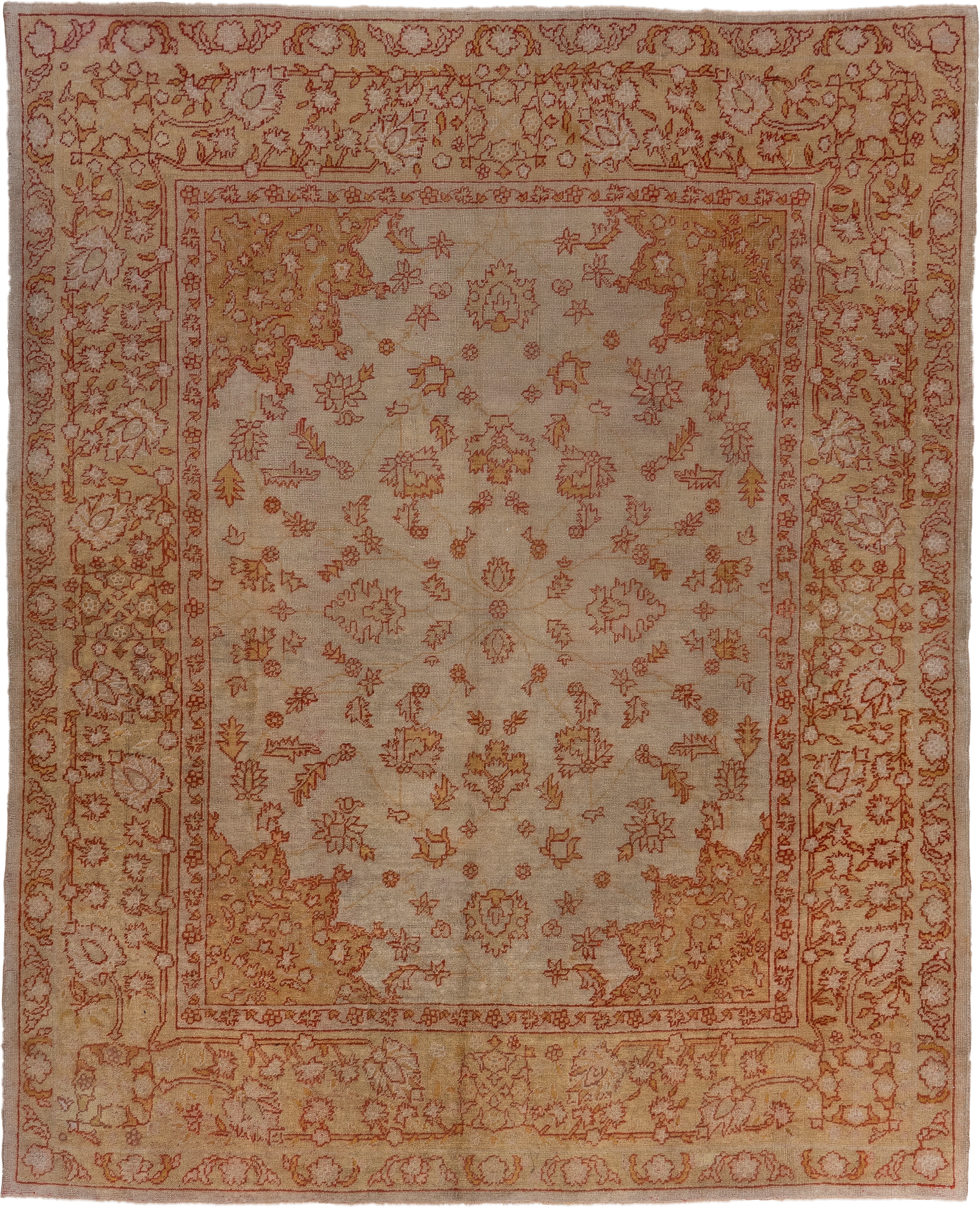 9' x 11' one-of-a-kind handmade antique Oushak large size rug. Color palette: ivory, beige, sand, terra cotta, rust, camel