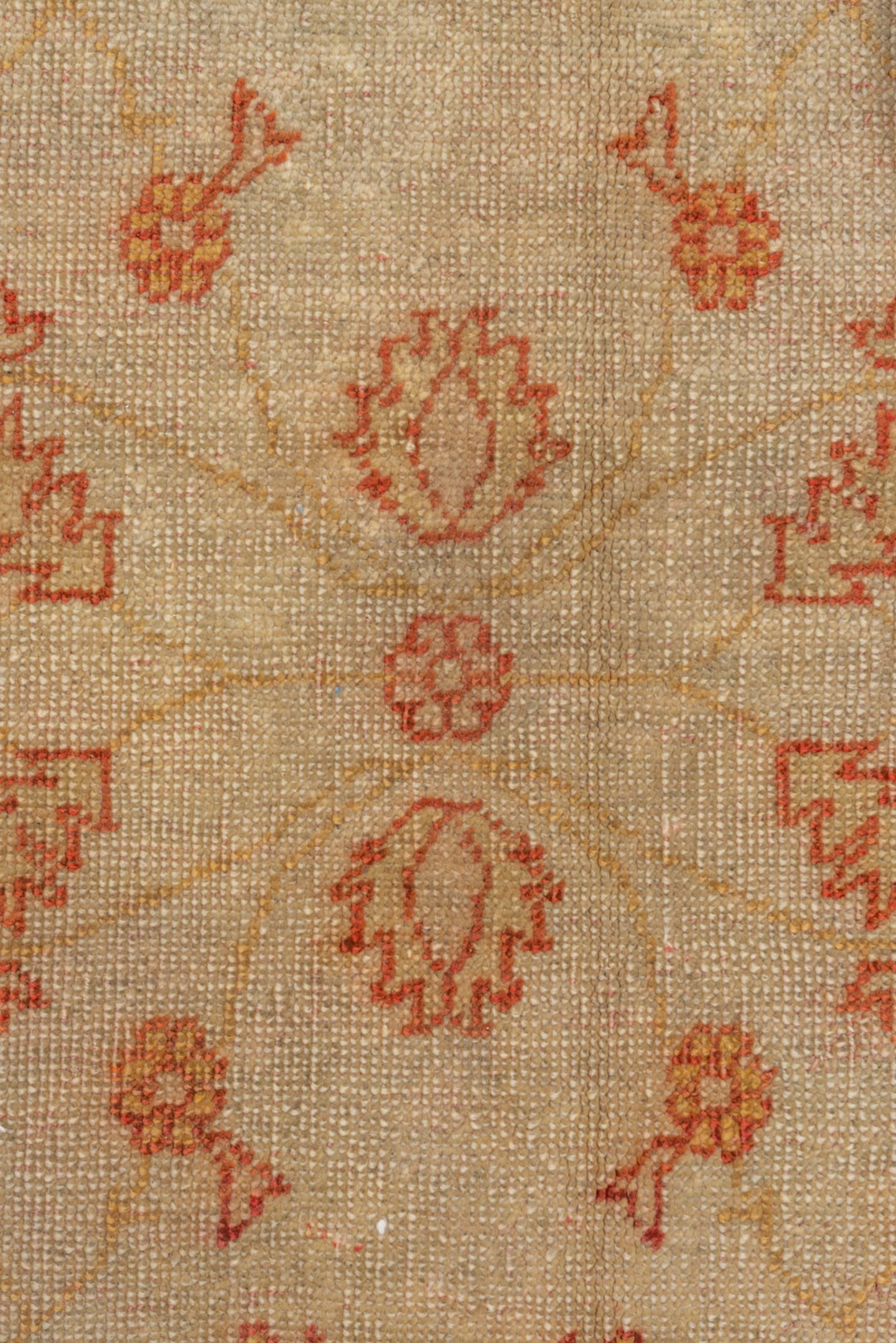 9' x 11' one-of-a-kind handmade antique Oushak large size rug. Color palette: ivory, beige, sand, terra cotta, rust, camel