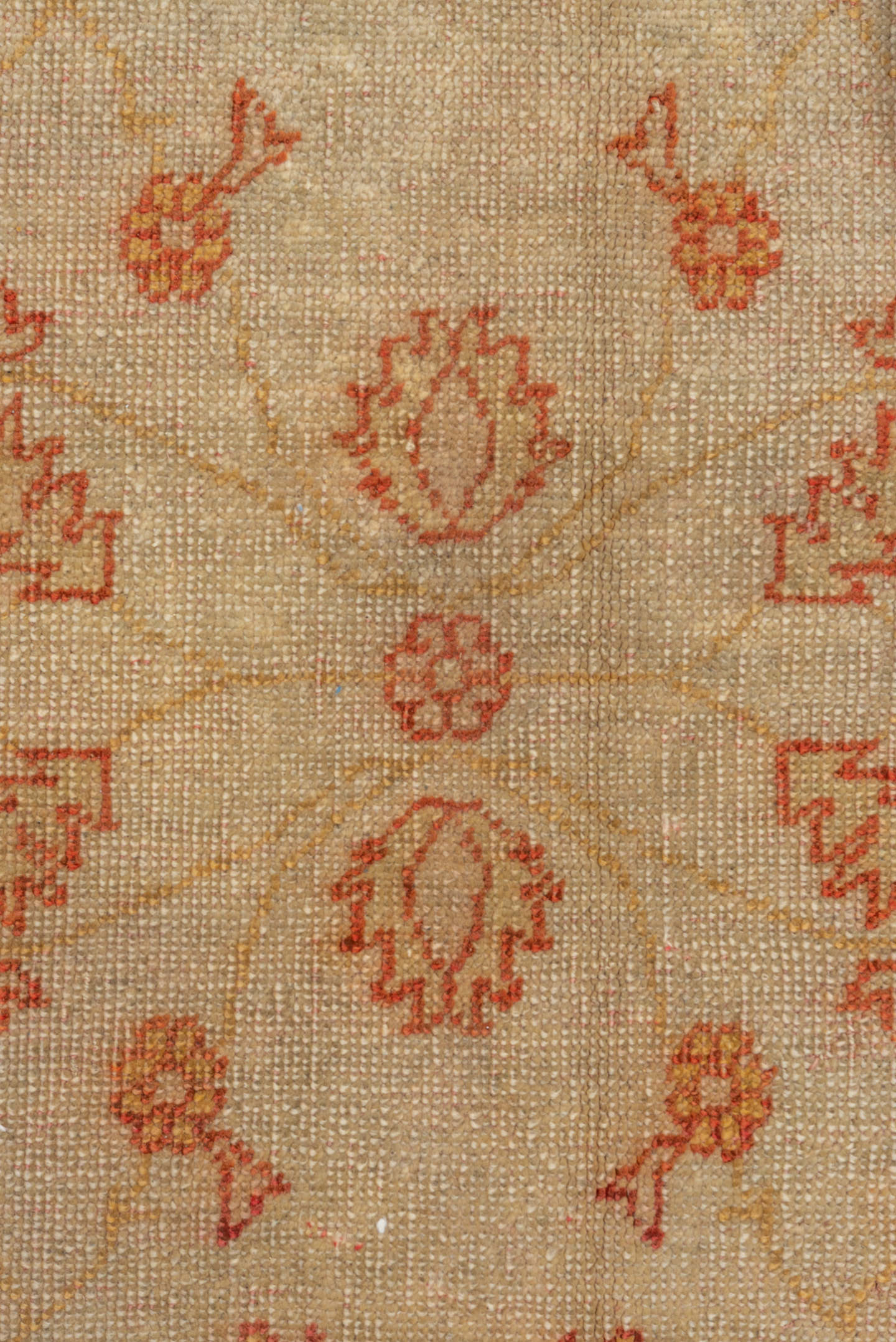 9' x 11' one-of-a-kind handmade antique Oushak large size rug. Color palette: ivory, beige, sand, terra cotta, rust, camel