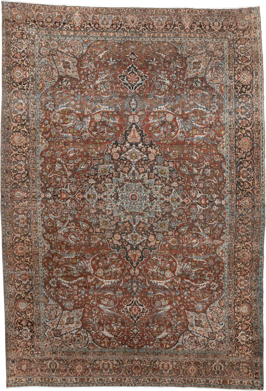 10' x 15' one-of-a-kind handmade antique Baktiary oversize rug. Color palette: terracotta, ivory, charcoal, sky blue, taupe