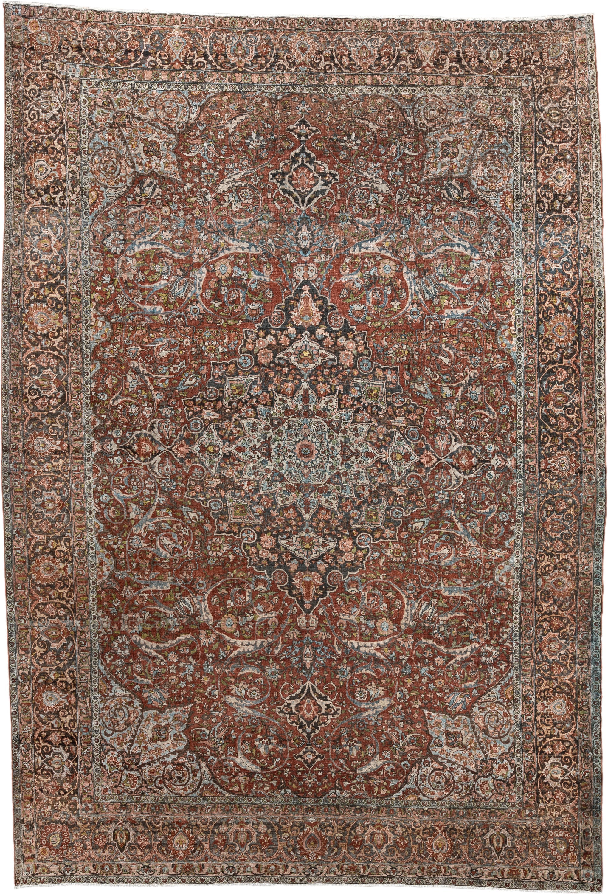10' x 15' one-of-a-kind handmade antique Baktiary oversize rug. Color palette: terracotta, ivory, charcoal, sky blue, taupe