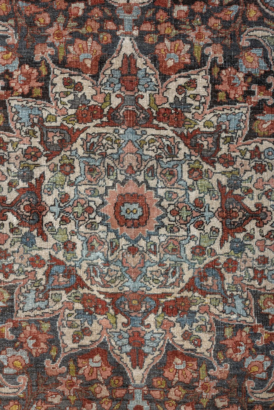 10' x 15' one-of-a-kind handmade antique Baktiary oversize rug. Color palette: terracotta, ivory, charcoal, sky blue, taupe