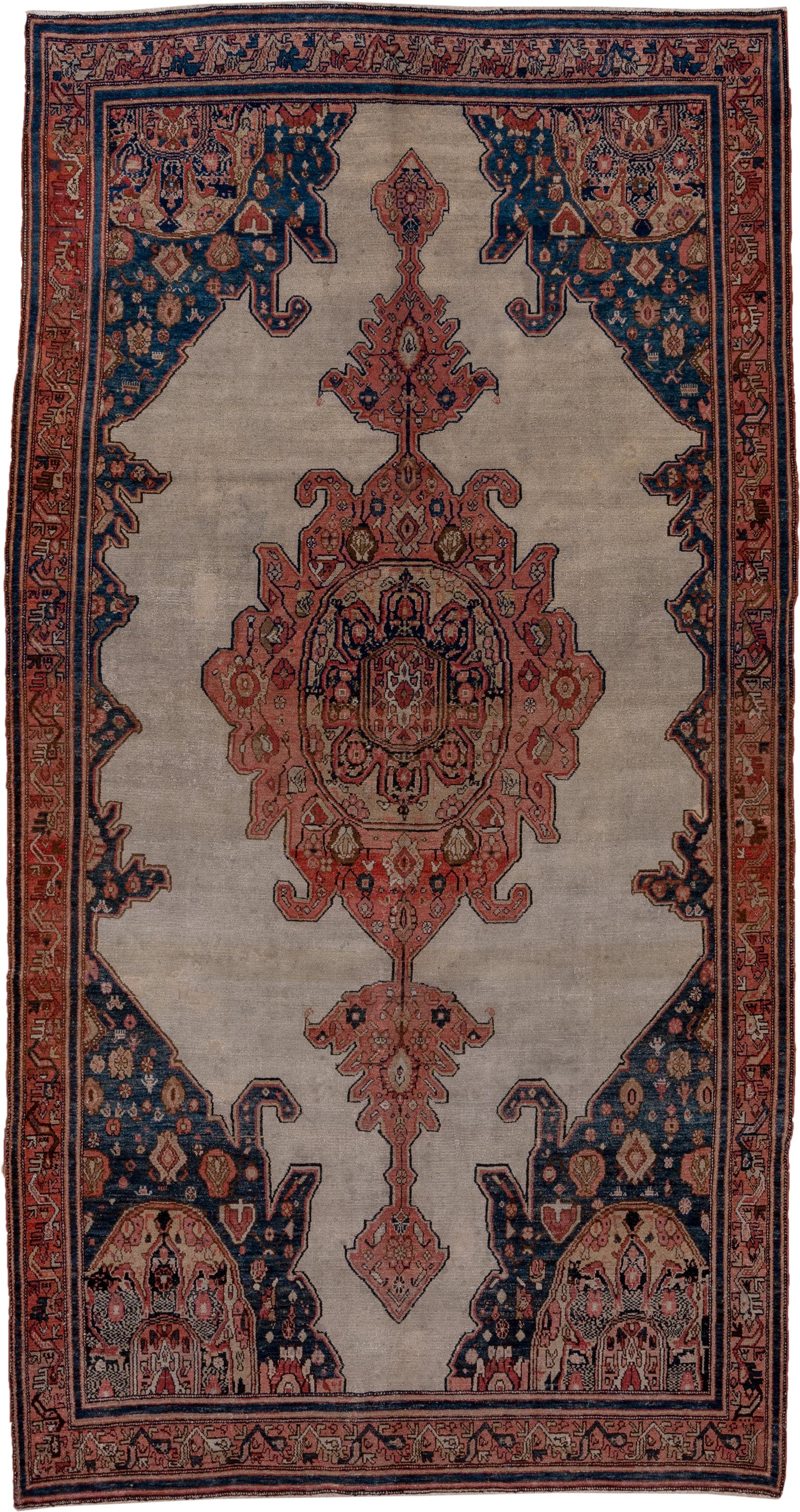 6' x 11' one-of-a-kind handmade antique Malayer large size rug. Color palette: ivory, rose, navy, rust, slate, taupe, camel