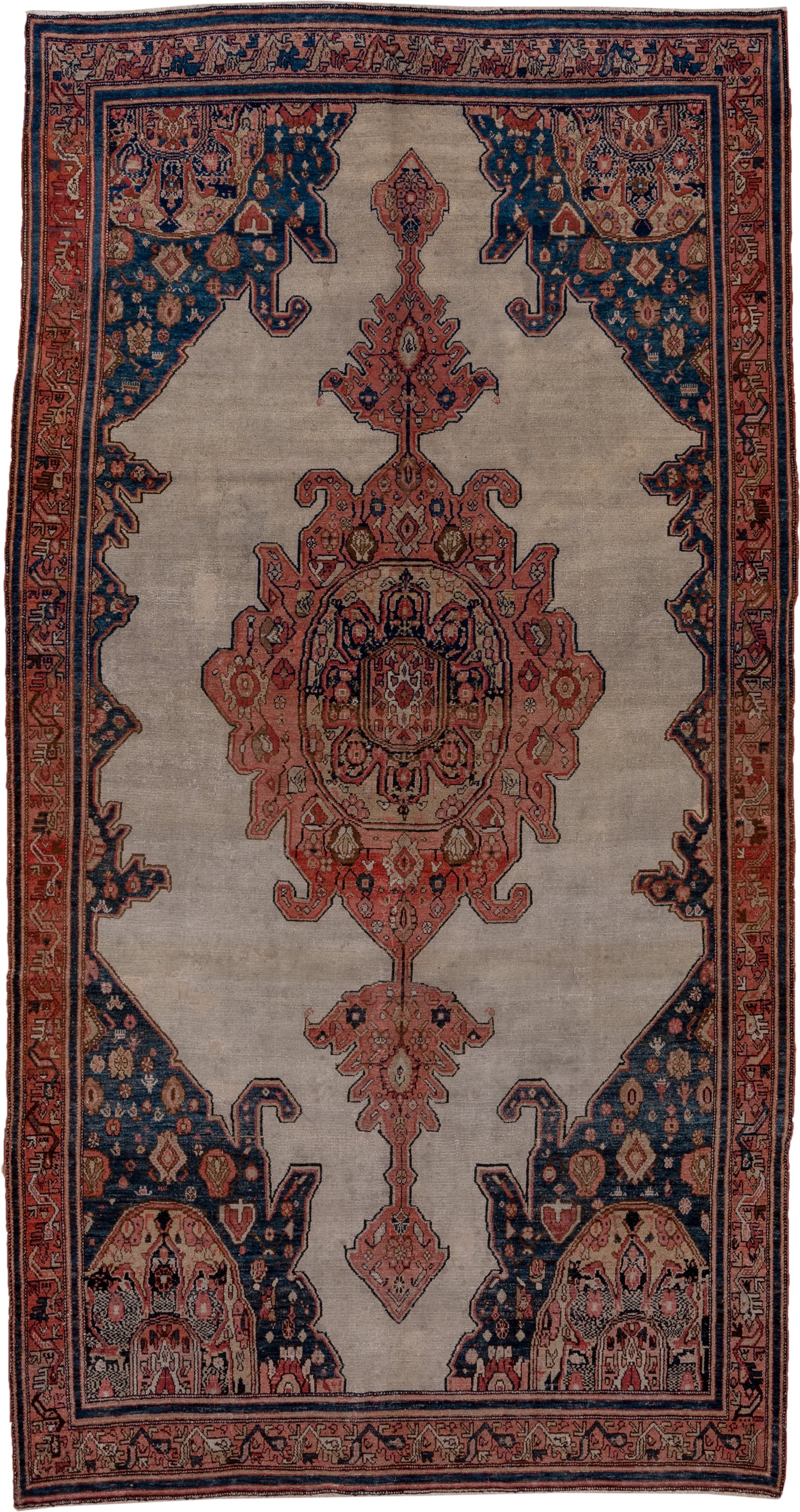 6' x 11' one-of-a-kind handmade antique Malayer large size rug. Color palette: ivory, rose, navy, rust, slate, taupe, camel
