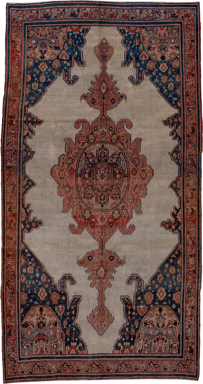 6' x 11' one-of-a-kind handmade antique Malayer large size rug. Color palette: ivory, rose, navy, rust, slate, taupe, camel